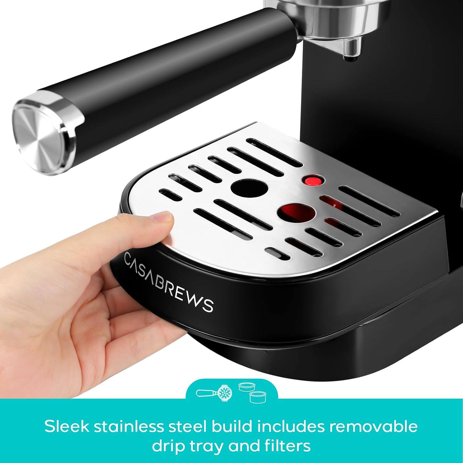 CASABREWS

Sleek stainless steel build includes removable drip tray and filters