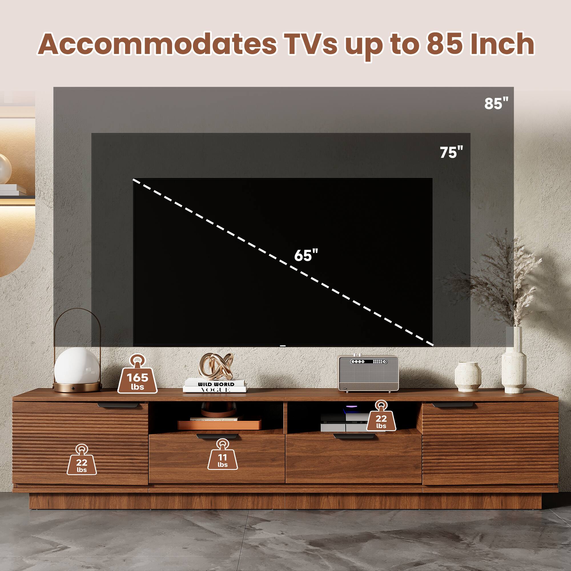 Accommodates TVs up to 85 Inch  
85" 75" 65"  
165 lbs  
22 lbs  
22 lbs  
11 lbs