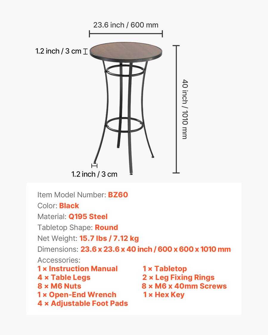 VEVOR Outdoor Round Bar Table, 23.7 in Counter Bar Height Bistro Table ...