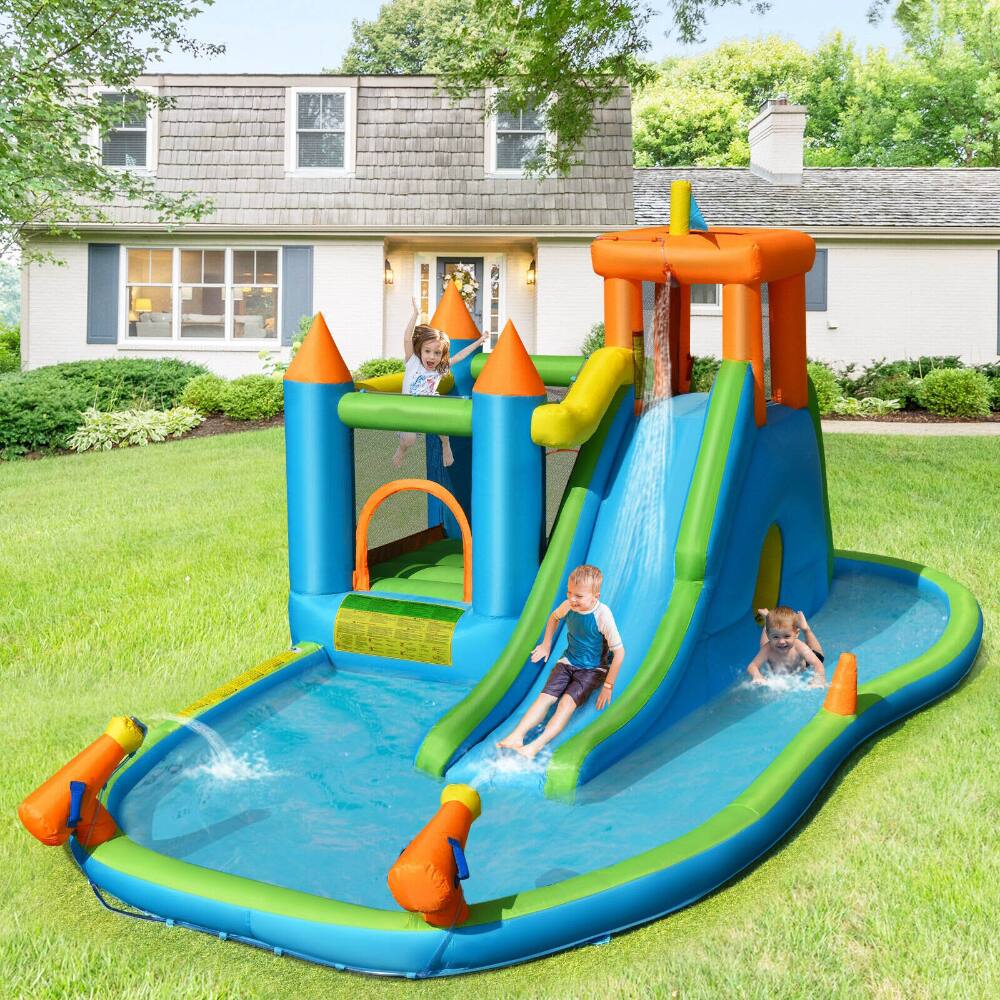 Angle. SlickBlue - Outdoor Inflatable Water Slide Bounce House with Splash Pool and 735W Blower - Blue, Green, Orange, Yellow.