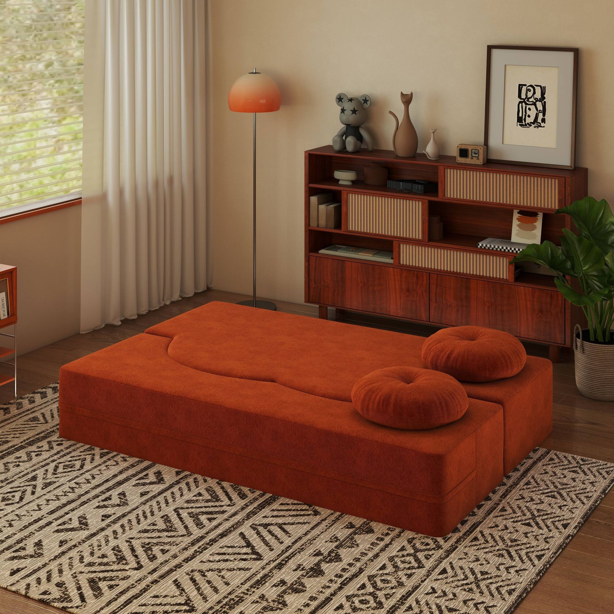 Left. COWLOWN - Modern Floor Sofa Convertible Plush Corduroy Foam Filled Sleeper Sofa Bed 14.2in Folding Mattress Orange - Orange.
