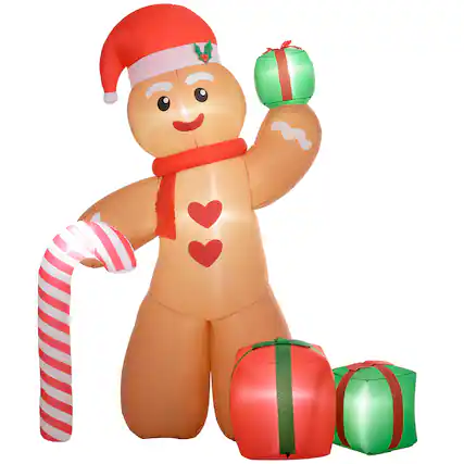 Front. TinyHomie - Outsunny 8ft Christmas Inflatable Gingerbread Man Giant LED Decor - Brown.