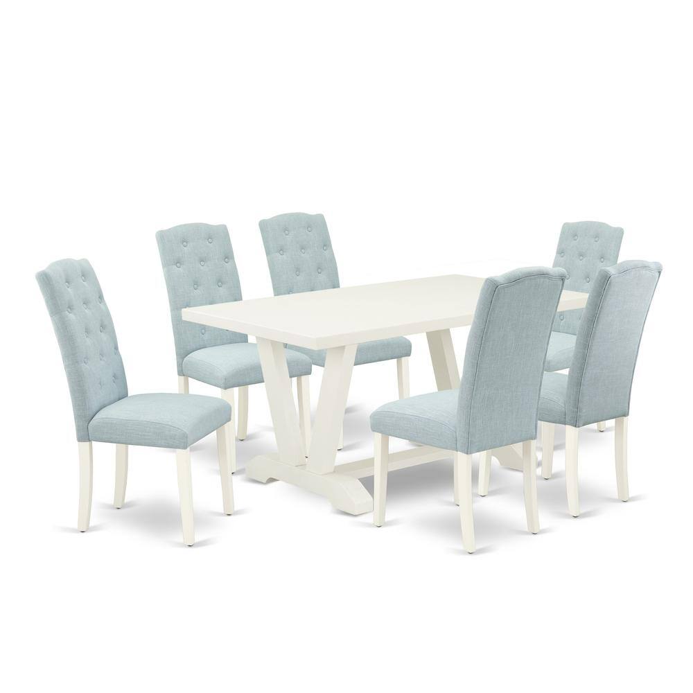 Left. East West Furniture - East West Furniture 7-Piece Dining Table Set- 6 Kitchen Chairs with Baby Blue Linen Fabric Seat and Button Tufted Chair - Multi-Color.