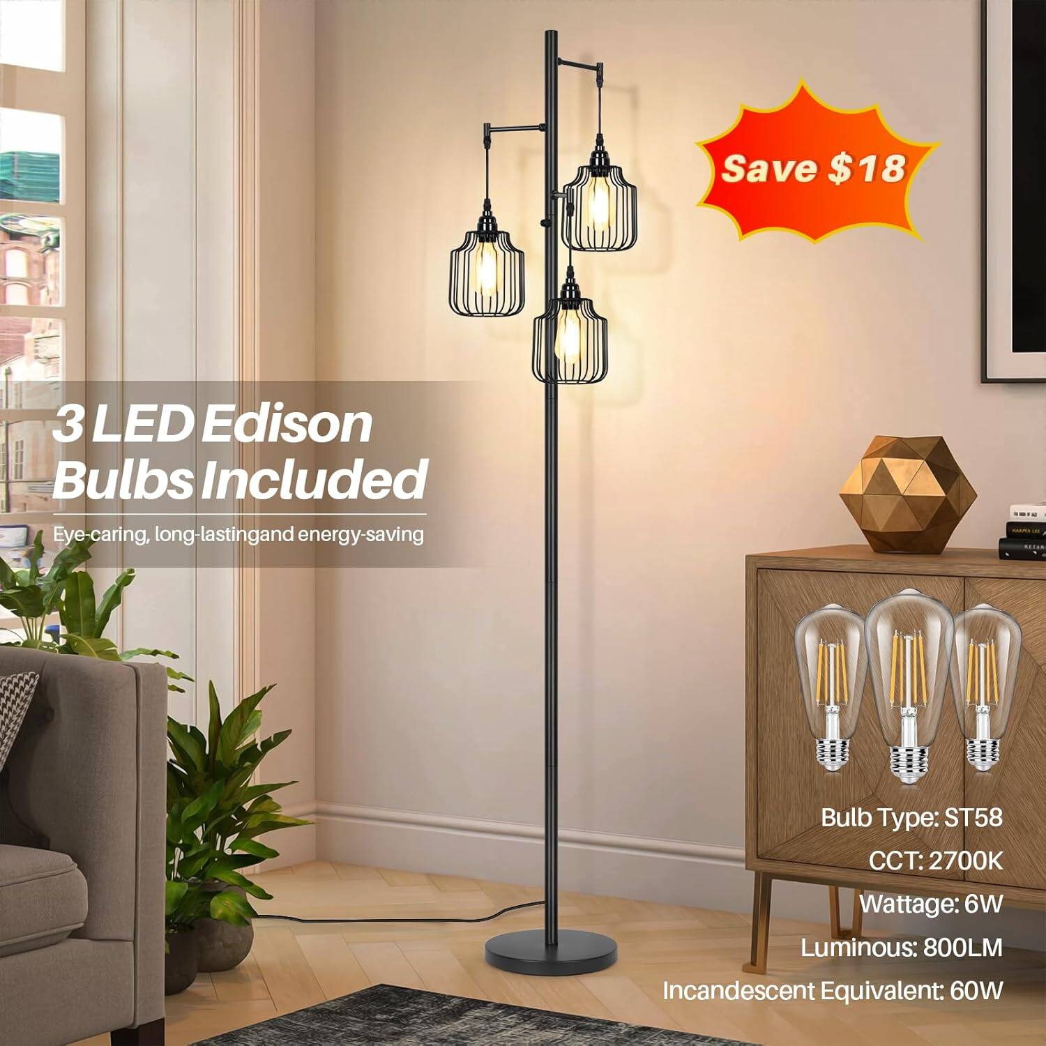 Save $18

3 LED Edison Bulbs Included

Eye-caring, long-lasting, and energy-saving

Bulb Type: ST58  
CCT: 2700K  
Wattage: 6W  
Luminous: 800LM  
Incandescent Equivalent: 60W