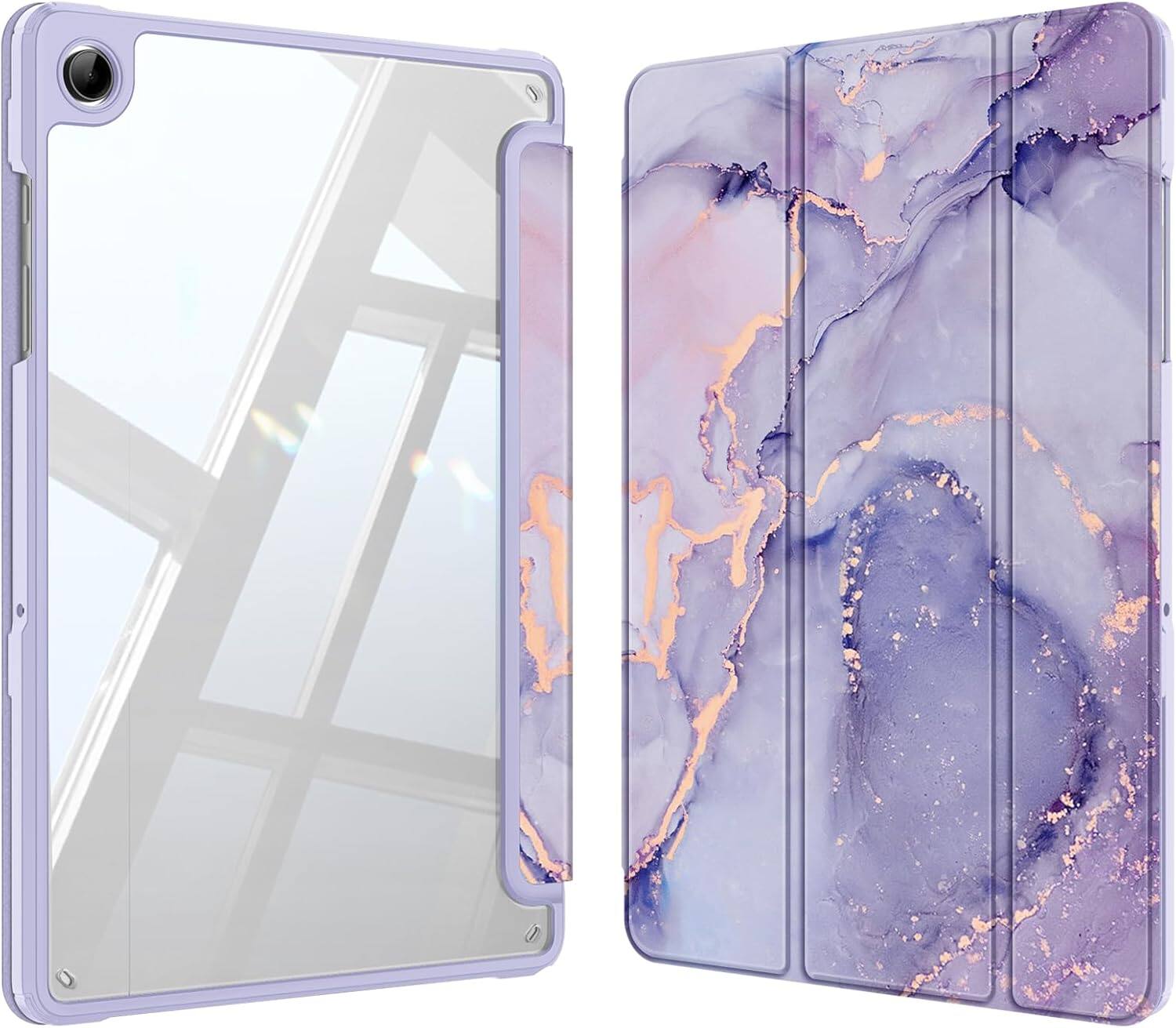 Front. Fintie - Clear Case for Samsung Galaxy Tab A11+ / Tab A9+ 11 Inch, Shockproof Transparent Back Cover, Viewing & Typing Angles - Lilac Marble.