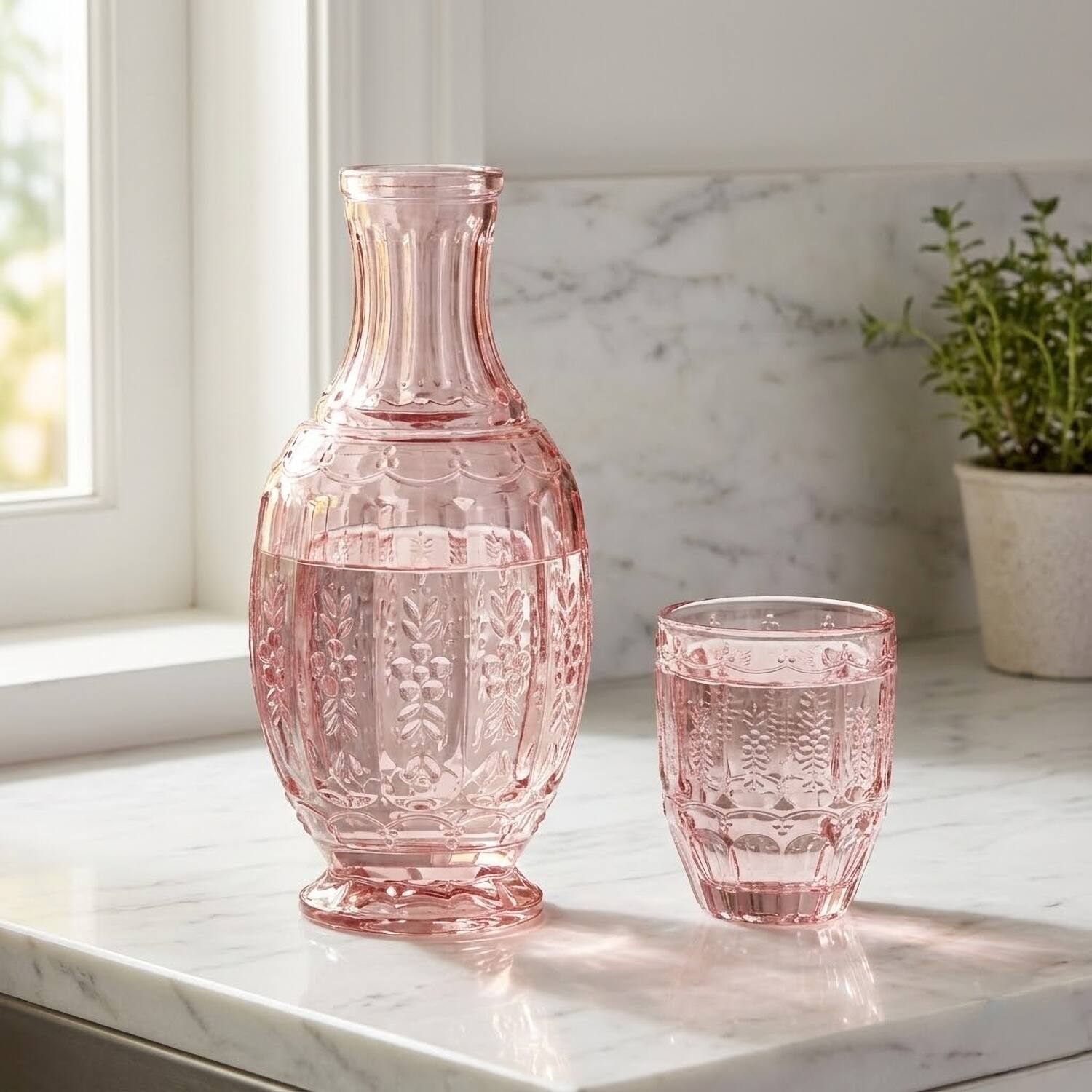 Left. Jay Import - Vintage Pink 2 Pc Carafe Set - Clear.