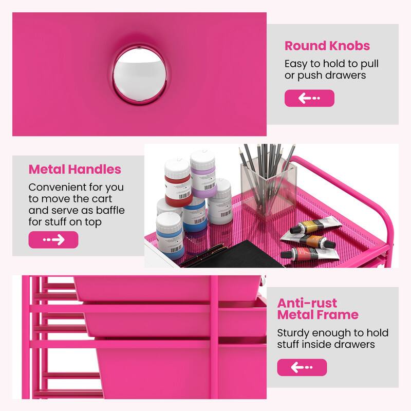 Round Knobs: Easy to hold to pull or push drawers  
Metal Handles: Convenient for you to move the cart and serve as a baffle for stuff on top  
Anti-rust Metal Frame: Sturdy enough to hold stuff inside drawers
