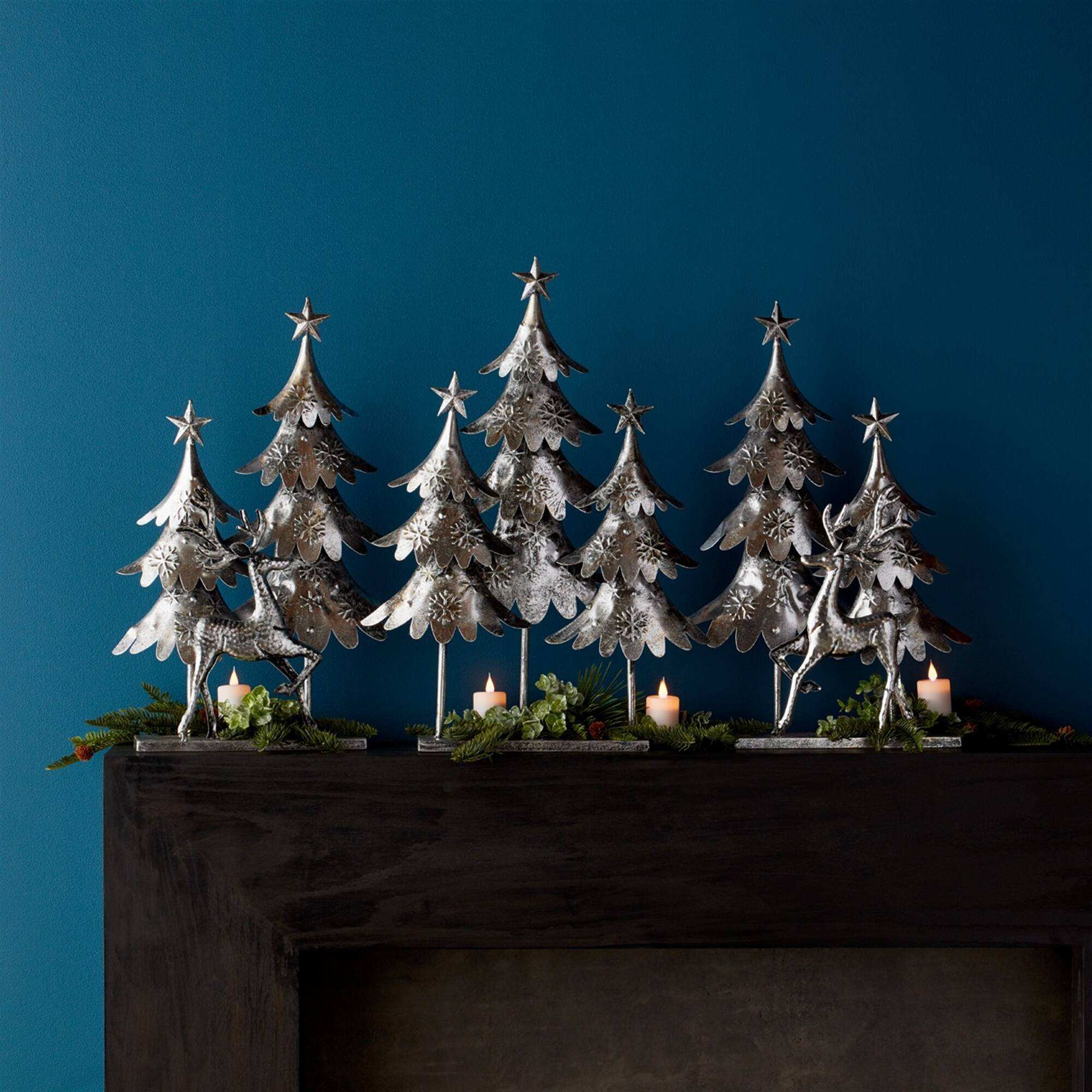 Angle. BreeBe - Silver Hammered Metal Deer with Trees Display (Set of 3) - Silver.