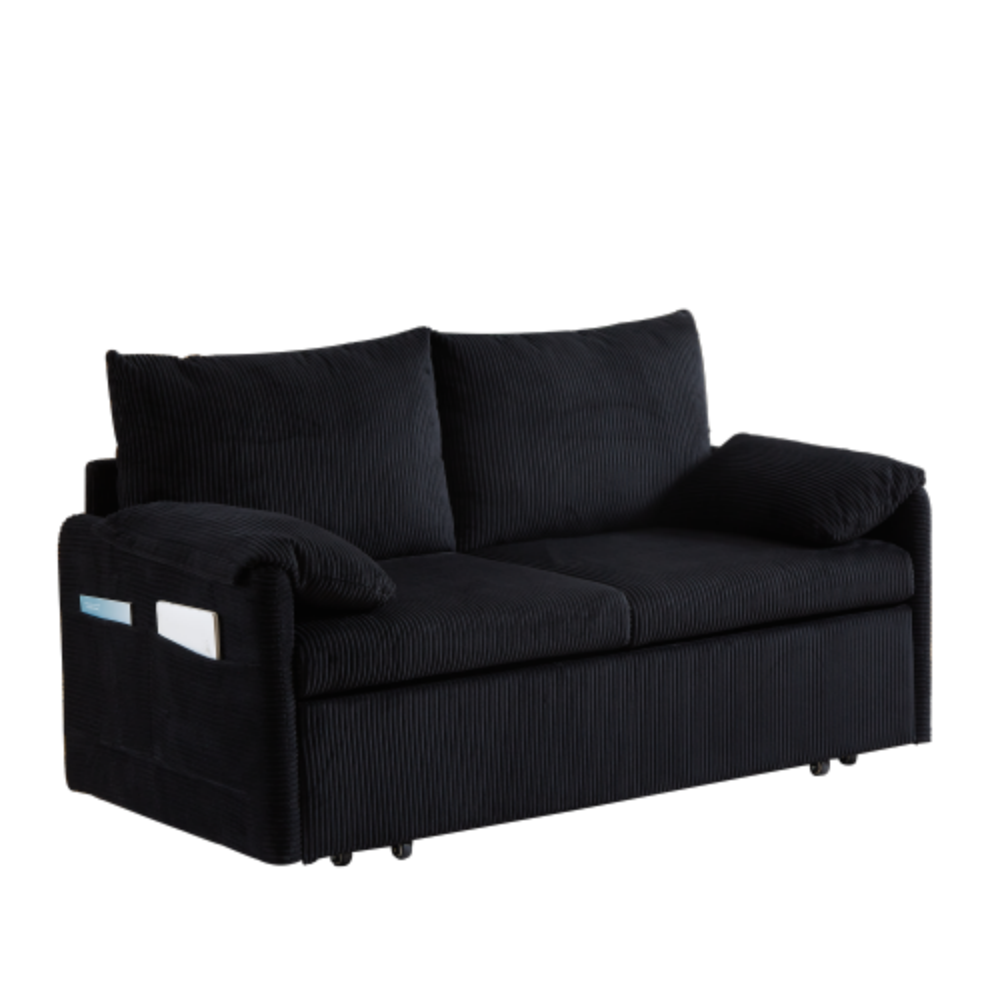 Alt View 6. LUCKY ONE - 64.5 Inch 3-in-1 Adjustable Corduroy Sleeper Sofa Bed with Pullout Bed, 2 Pillows, Side Pockets, Recliner Function - Black.