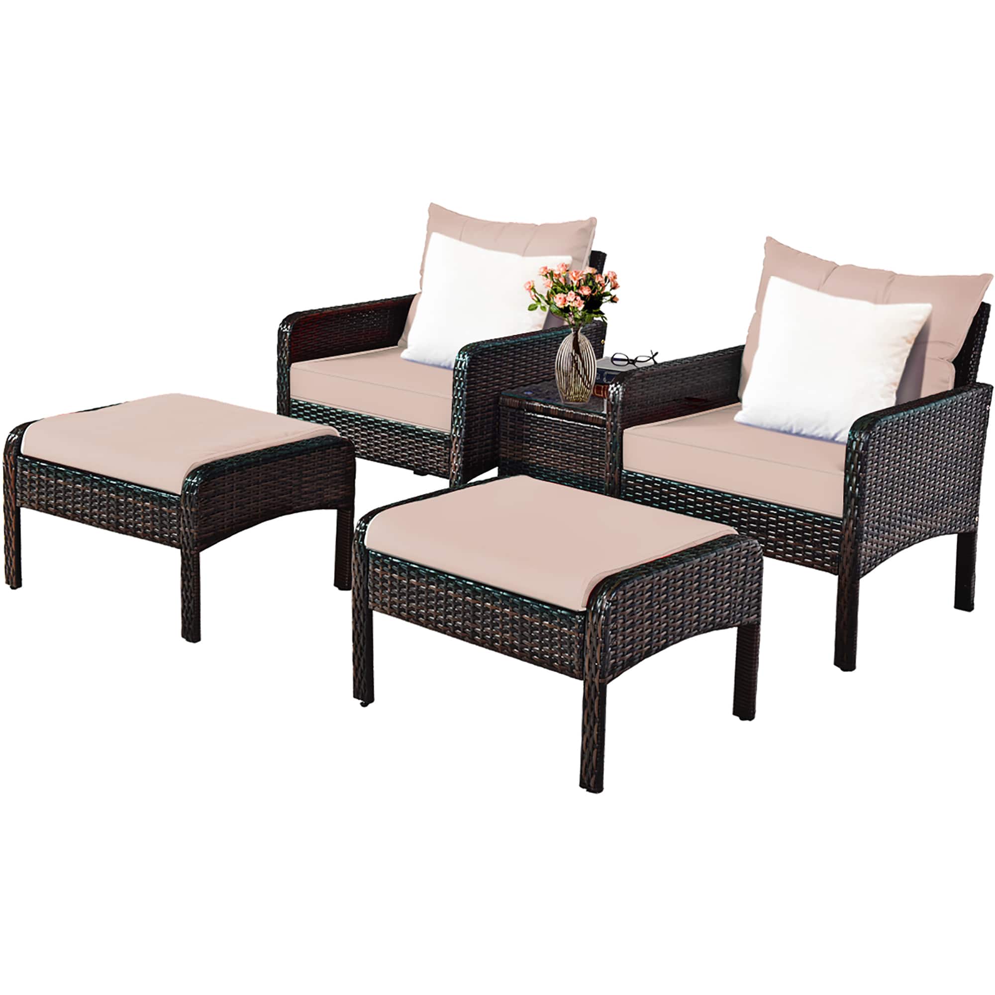 Costway - 5 PCS Patio Rattan Wicker Furniture Set Sofa Ottoman Coffee Table Cushioned Yard - White