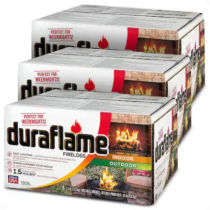 PERFECT FOR WEEKNIGHTS!
duraflame FIRELOGS
INDOOR OUTDOOR
FAST LIGHTING - LIGHTS FULLY IN LESS THAN 5 MINUTES
BURNS CLEANER THAN WOOD
1.5 BURNS OVER HOURS*
MADE IN USA
6 - 2.5 IN (1.13 kg) FIRELOGS/ BICHES NET WT/POIDS NET: 15 lb (6.8 kg)