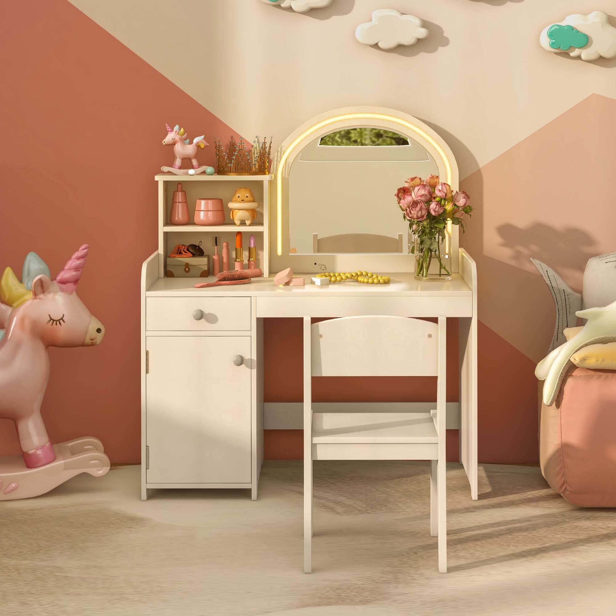 Alt View 2. Costway - Costway Kid Vanity Table Chair Set 2-Color LED Lights Large Drawer Shelf Cabinet - White.