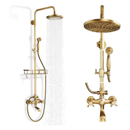 Front. Dazzed Corner - Antique Brass Shower Set - 8” Rainfall Head - Antique Brass.