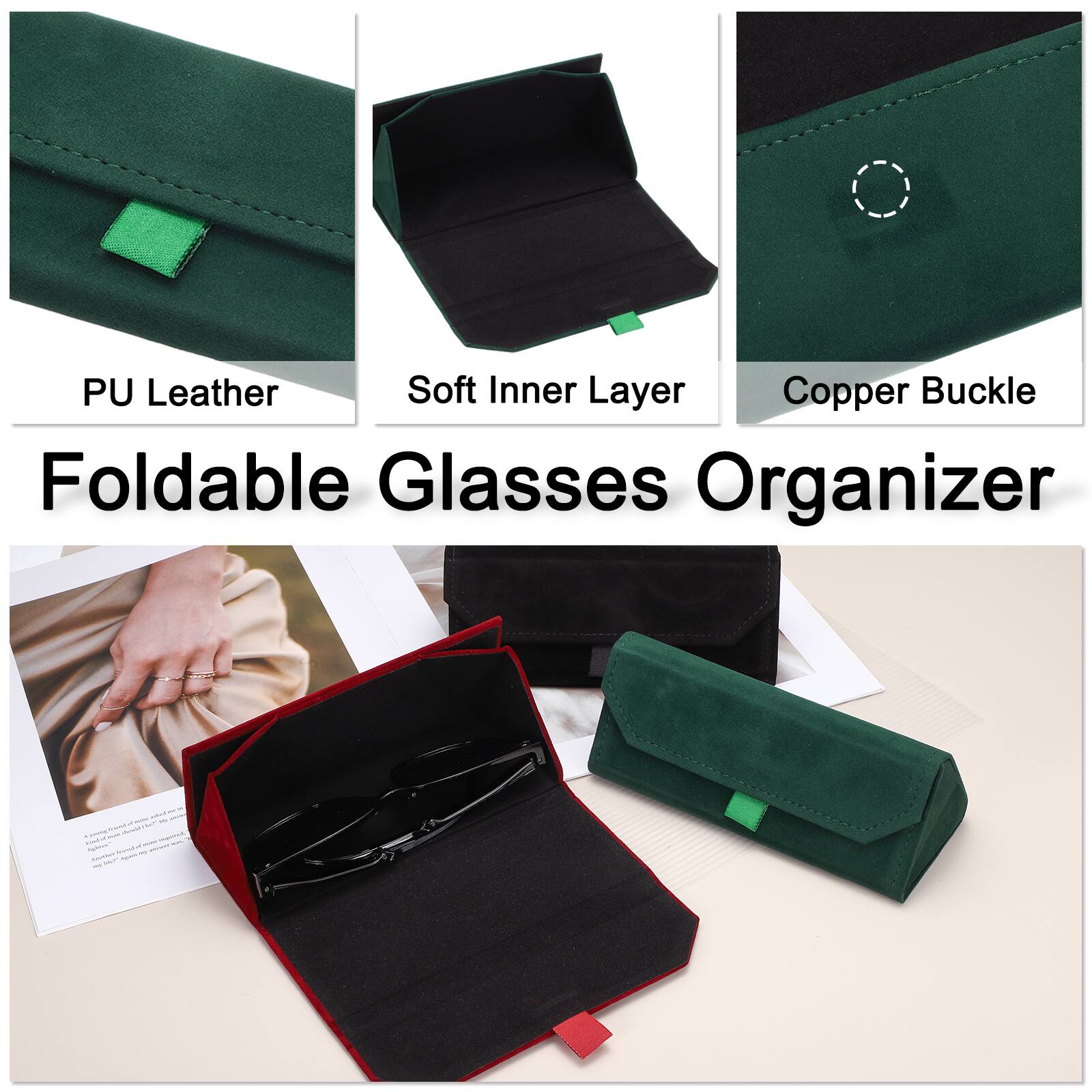 PU Leather Soft Inner Layer Copper Buckle Foldable Glasses Organizer