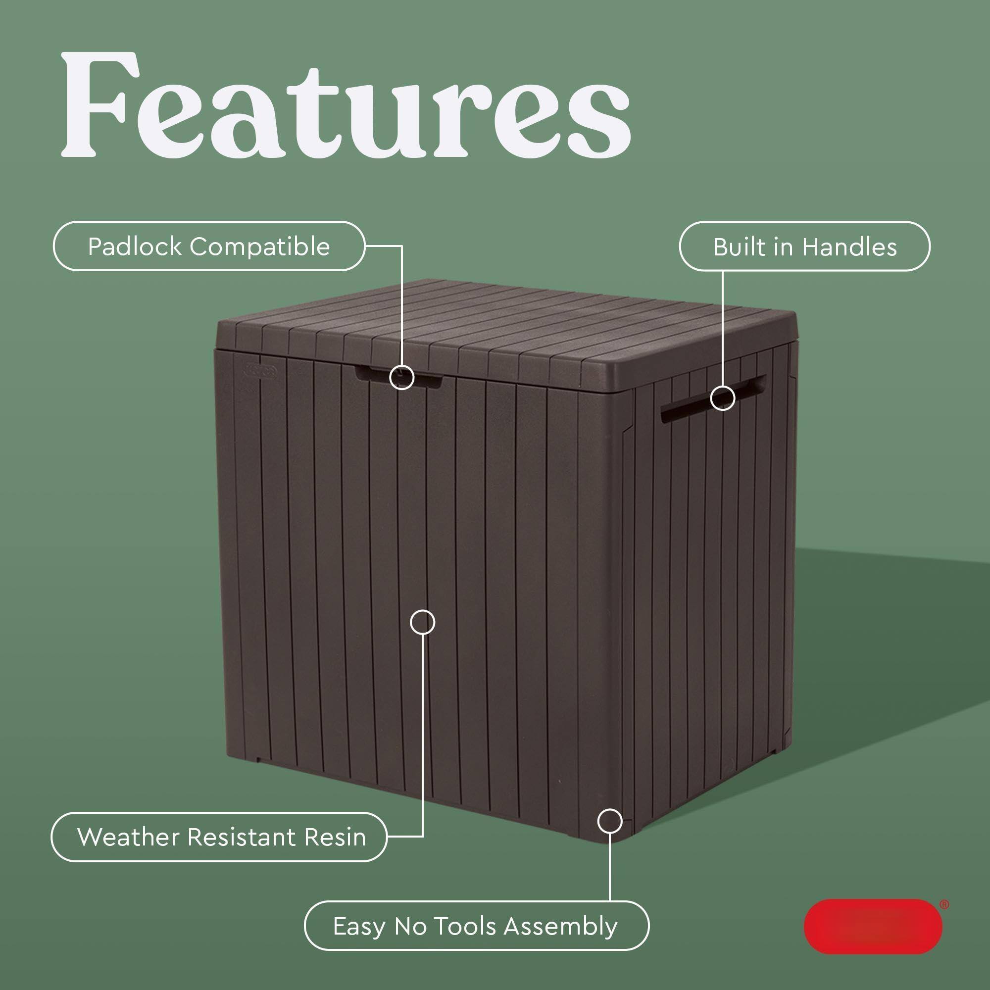 Features  
- Padlock Compatible  
- Built in Handles  
- Weather Resistant Resin  
- Easy No Tools Assembly