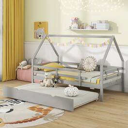 Gymax - Twin Size House Bed w/ Trundle Wooden Kids Bed w/ Safety Rails & Decorable Roof - Gray