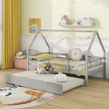 Front. Gymax - Gymax Twin Size House Bed w/ Trundle Wooden Kids Bed w/ Safety Rails & Decorable Roof Gray - Gray.