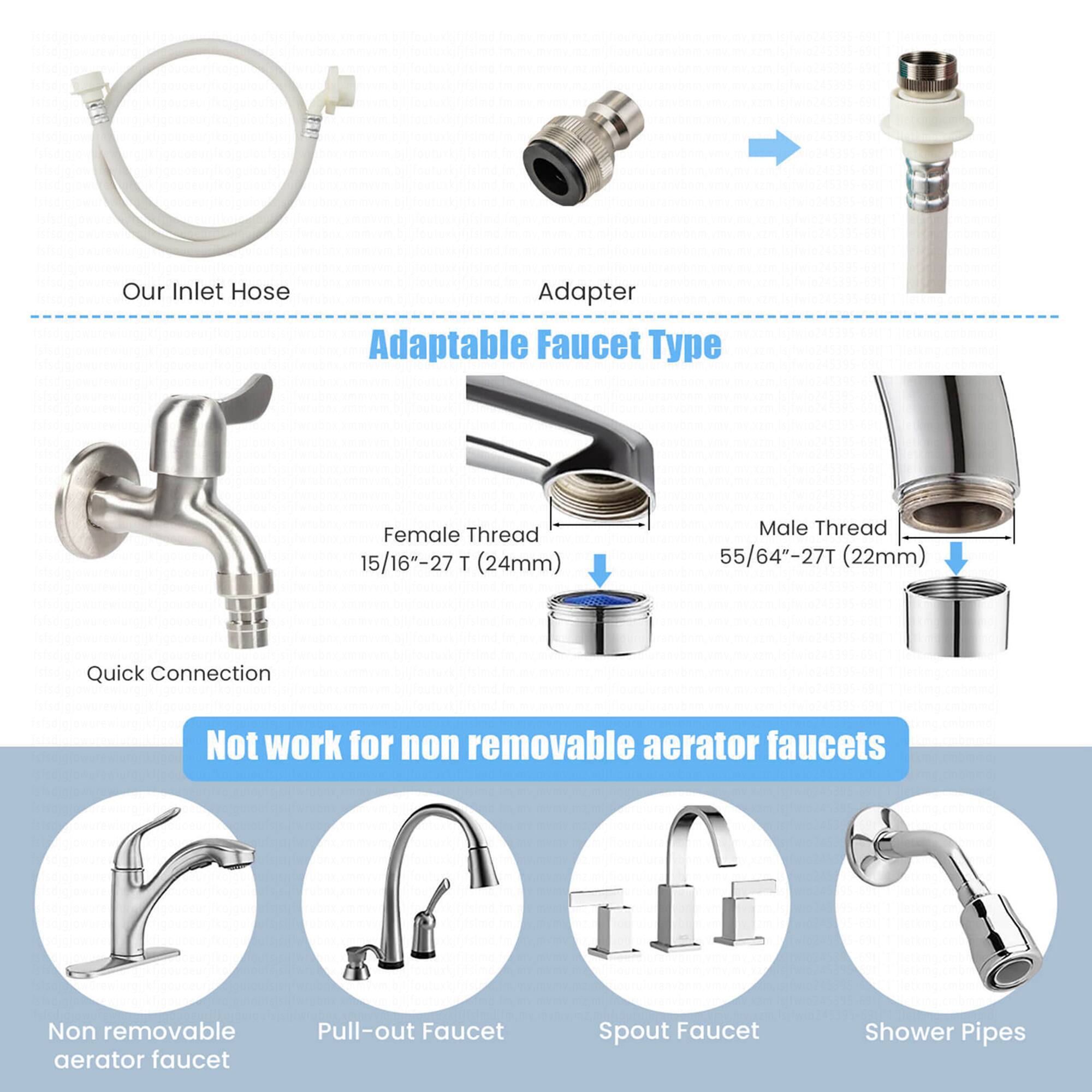 Our Inlet Hose Adapter is an adaptable faucet with a female thread of 15/16"-27 T (24mm) and a male thread of 55/64"-27T (22mm). It features a quick connection and is not compatible with non-removable aerator faucets. The faucet is available in a pull-out spout and shower pipes.