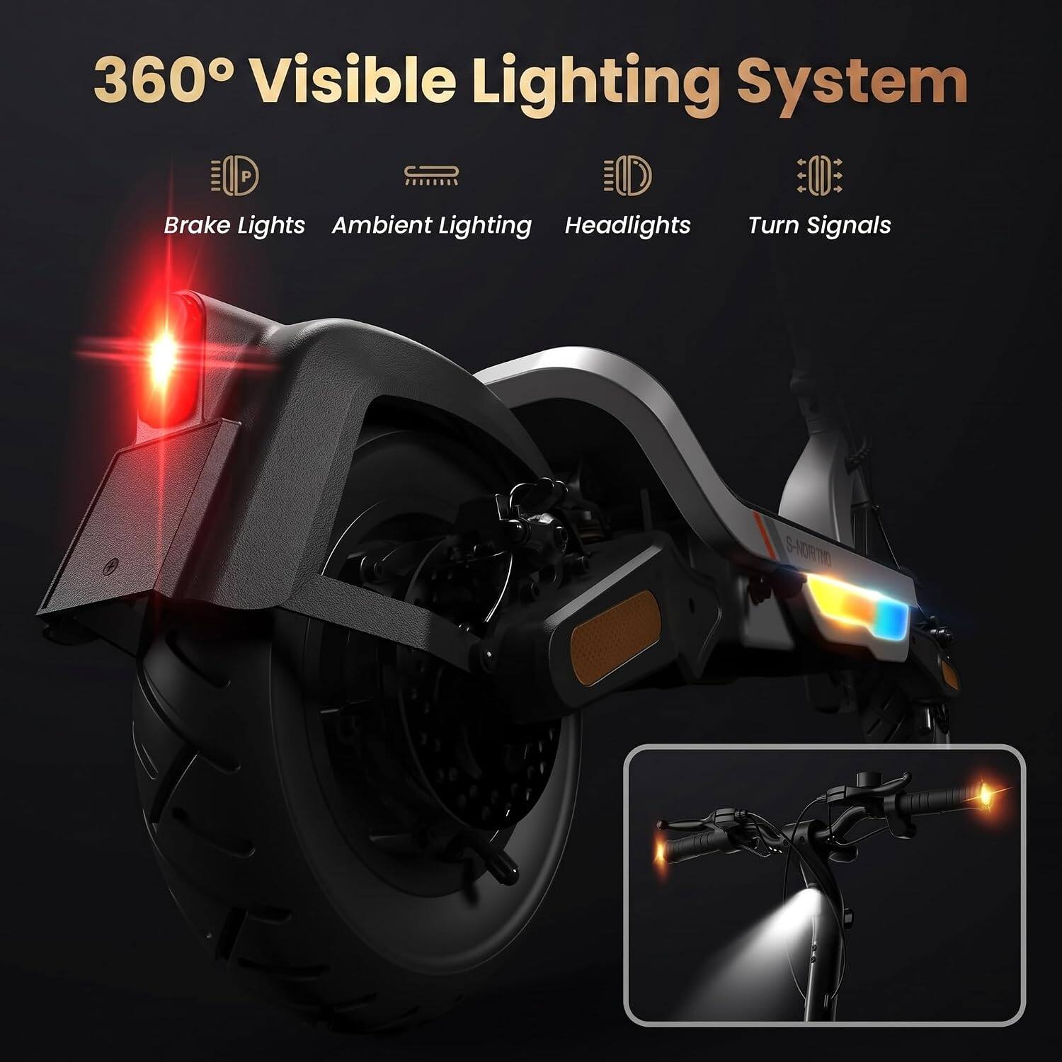 360° Visible Lighting System

- Brake Lights
- Ambient Lighting
- Headlights
- Turn Signals