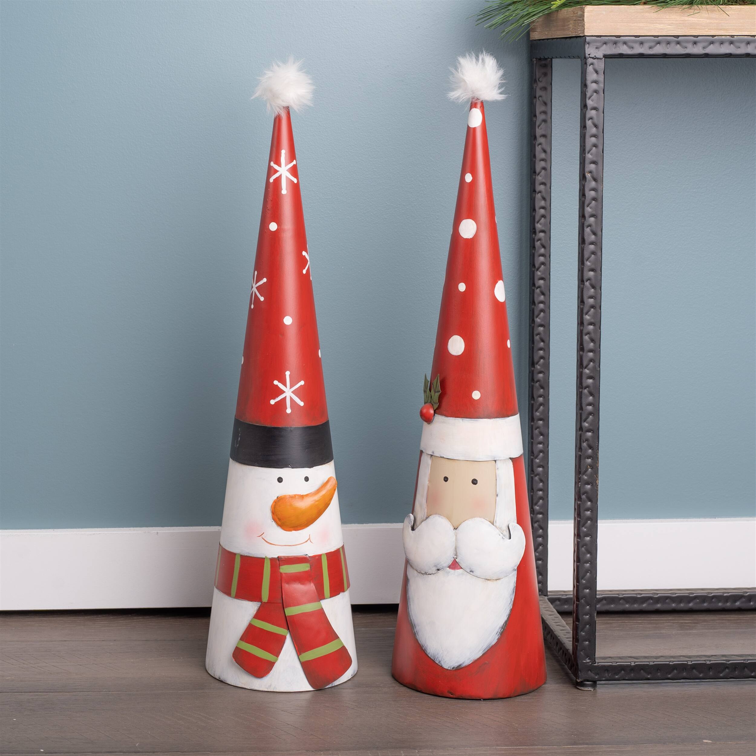 Angle. BreeBe - Metal Santa and Snowman Cone (Set of 2) - Red, White, Green.