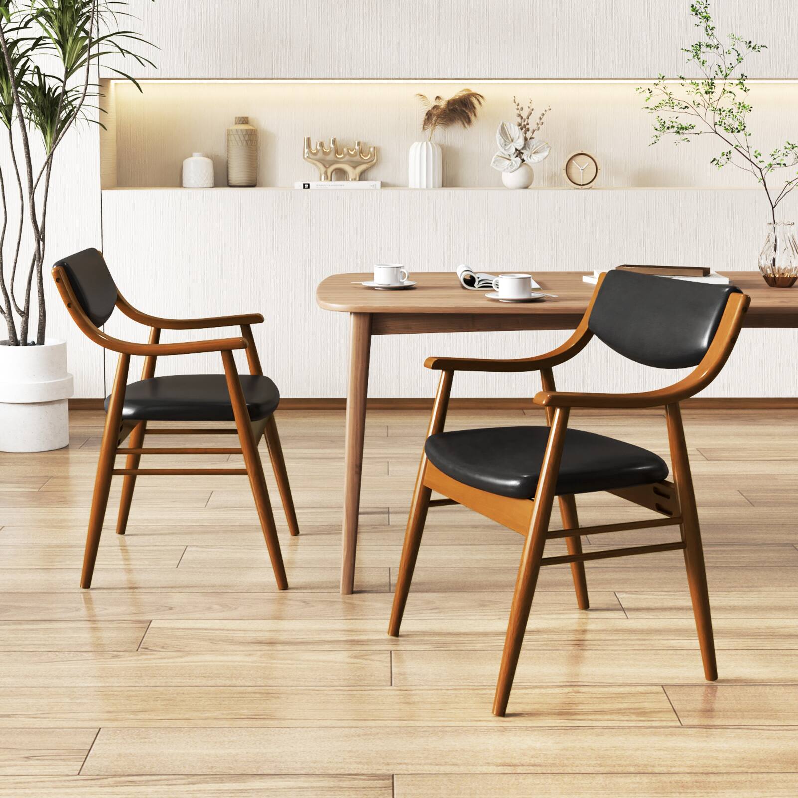 Alt View 4. Gymax - Gymax Set Of 4 PU Leather Dining Chair w/ Padded Seat & Back Armrests Rubber Wood Frame Black - Walnut, Black.