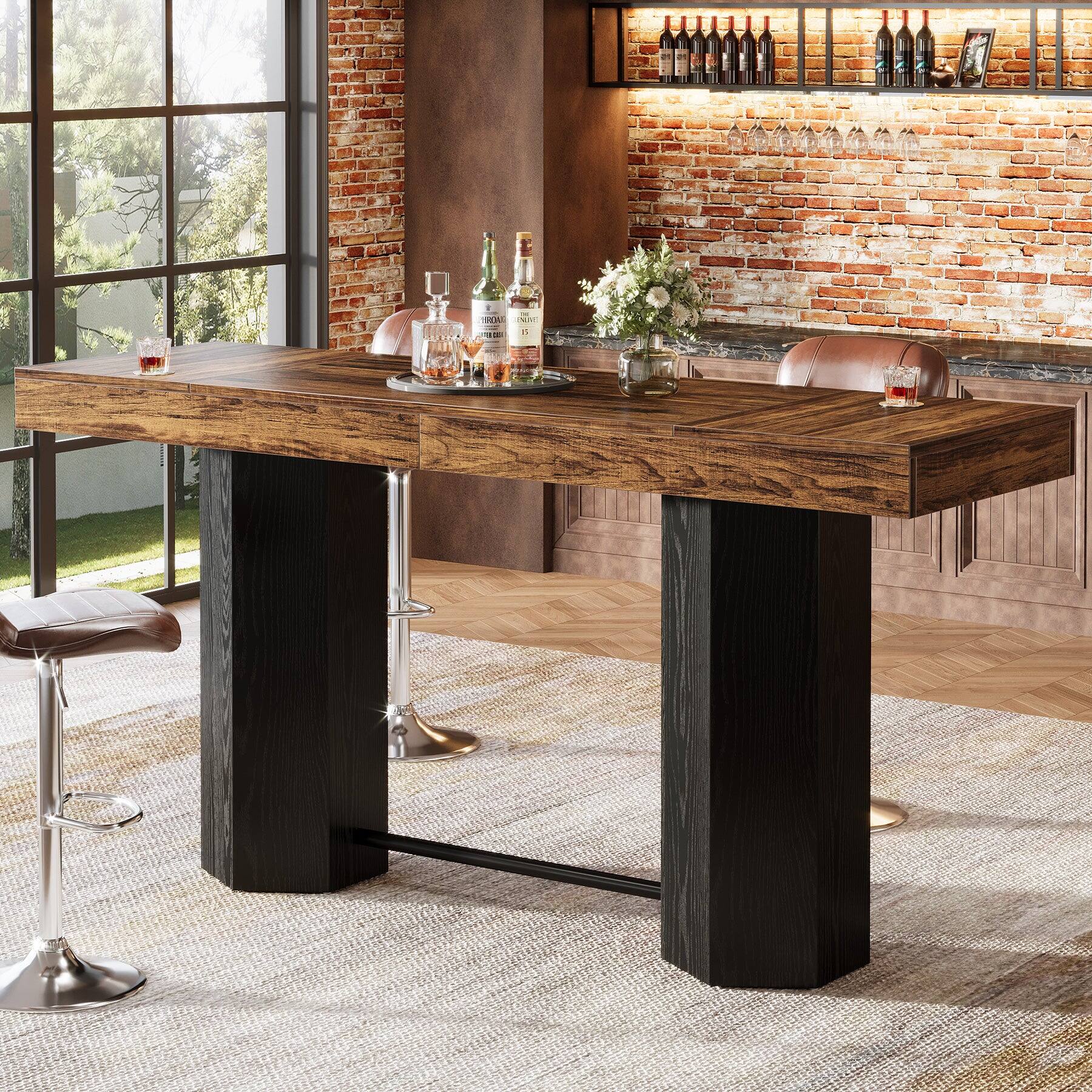 Angle. Tribesigns - Bar Table with Engineered Wood Construction, Footrest and Rectangular Top for Kitchen and Living Room - Brown.