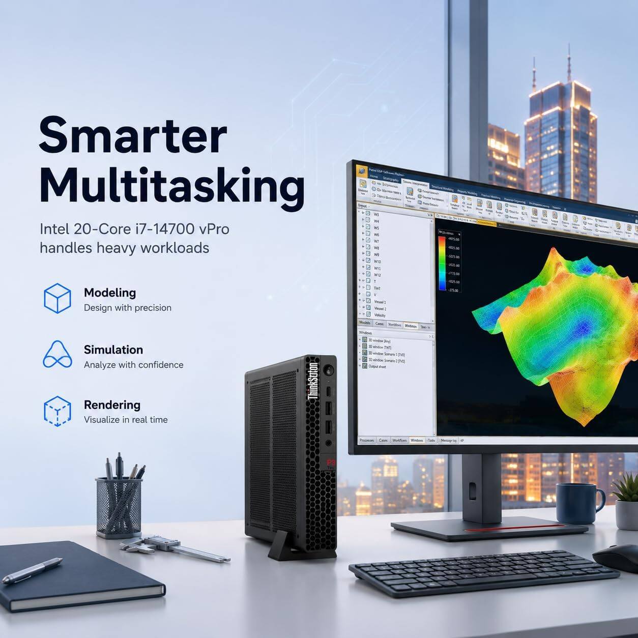 Smarter Multitasking  
Intel 20-Core i7-14700 vPro handles heavy workloads  

Modeling  
Design with precision  

Simulation  
Analyze with confidence  

Rendering  
Visualize in real time