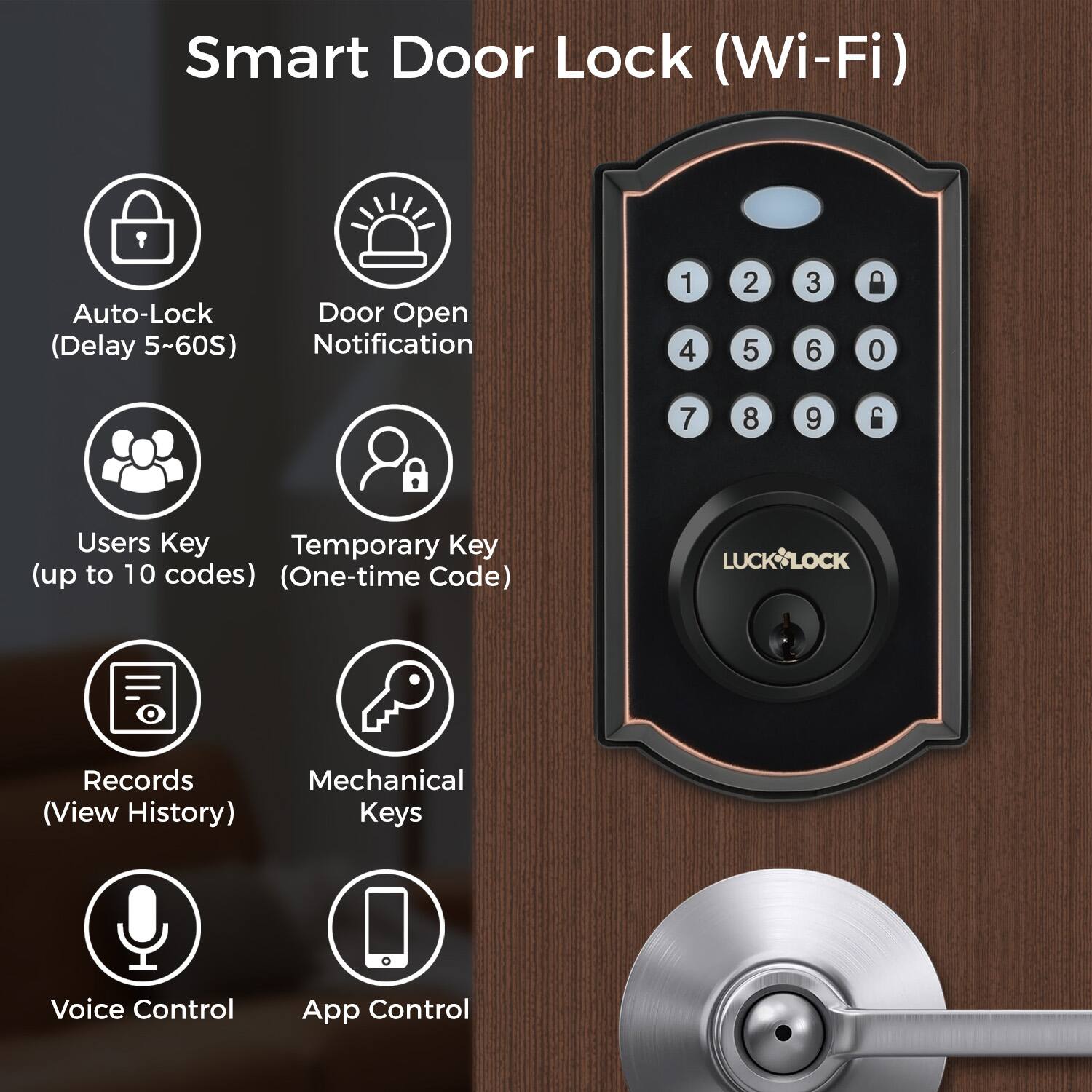 Smart Door Lock (Wi-Fi)

- Auto-Lock (Delay 5~60S)
- Door Open Notification
- Users Key (up to 10 codes)
- Temporary Key (One-time Code)
- Records (View History)
- Mechanical Keys
- Voice Control
- App Control