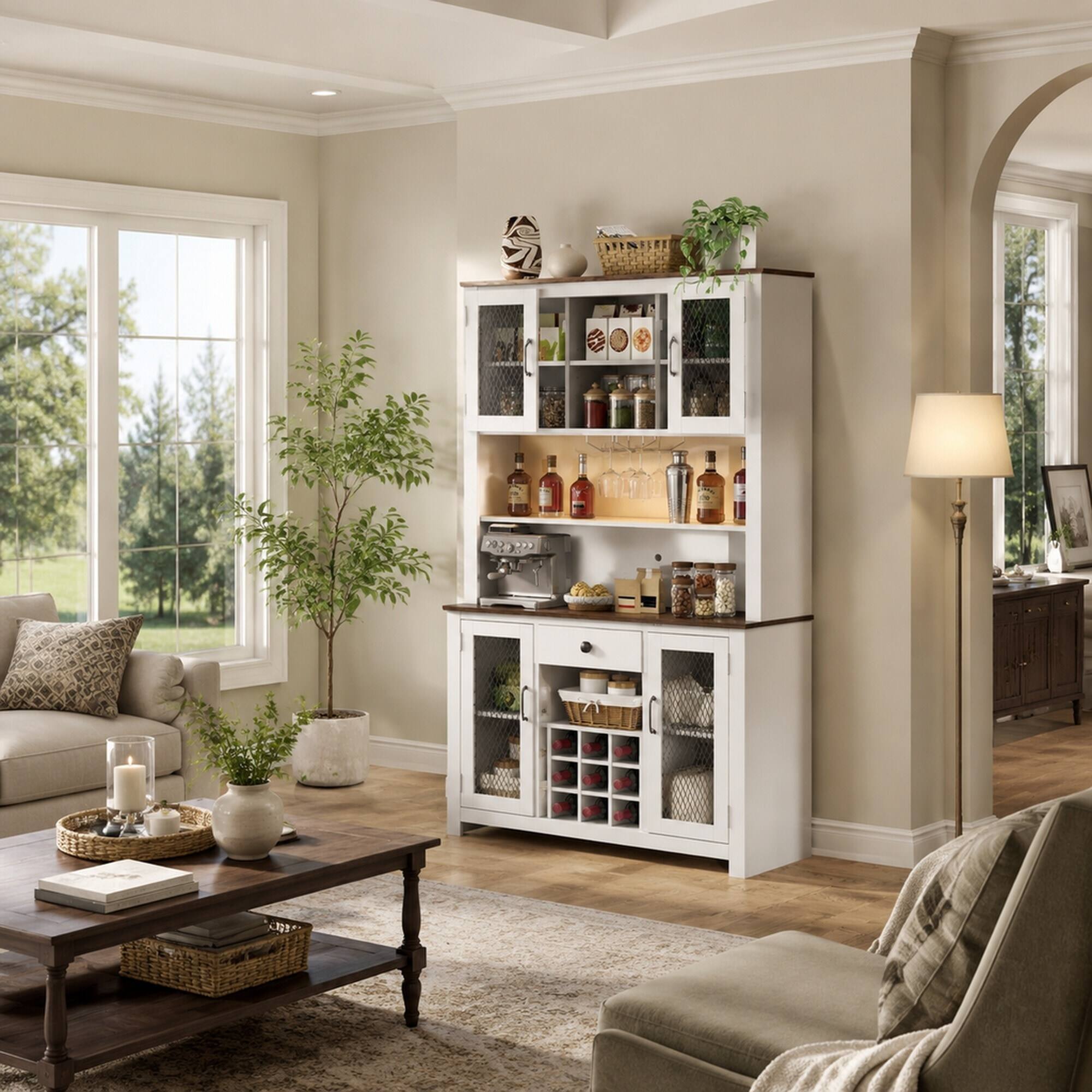 RYHNUYNE Freestanding 70.9 Inch Kitchen Pantry Cabinet with LED Outlets ...