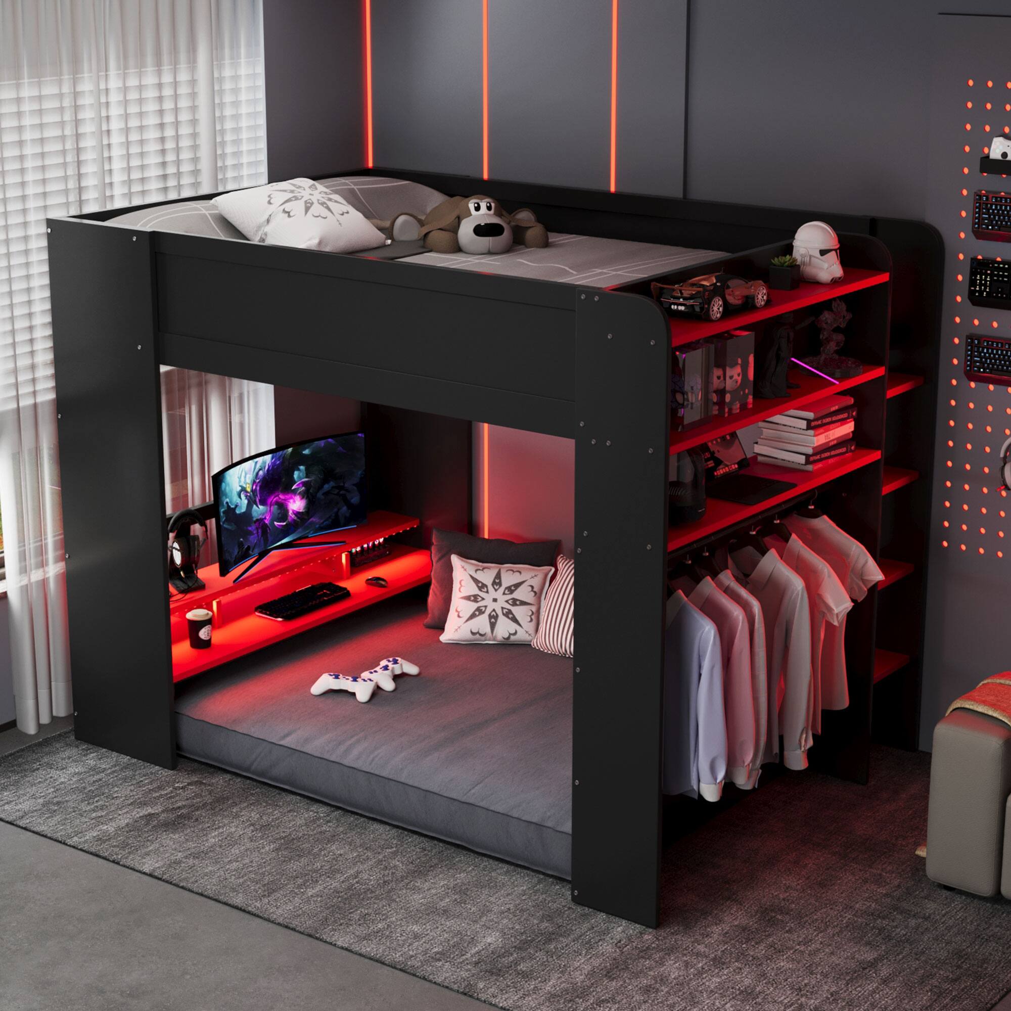 Angle. Anysun - Full Size Wood Bunk Bed with height-adjustable Desk,Wardrobe,Ample Storage Space,and RGB Light - Red.