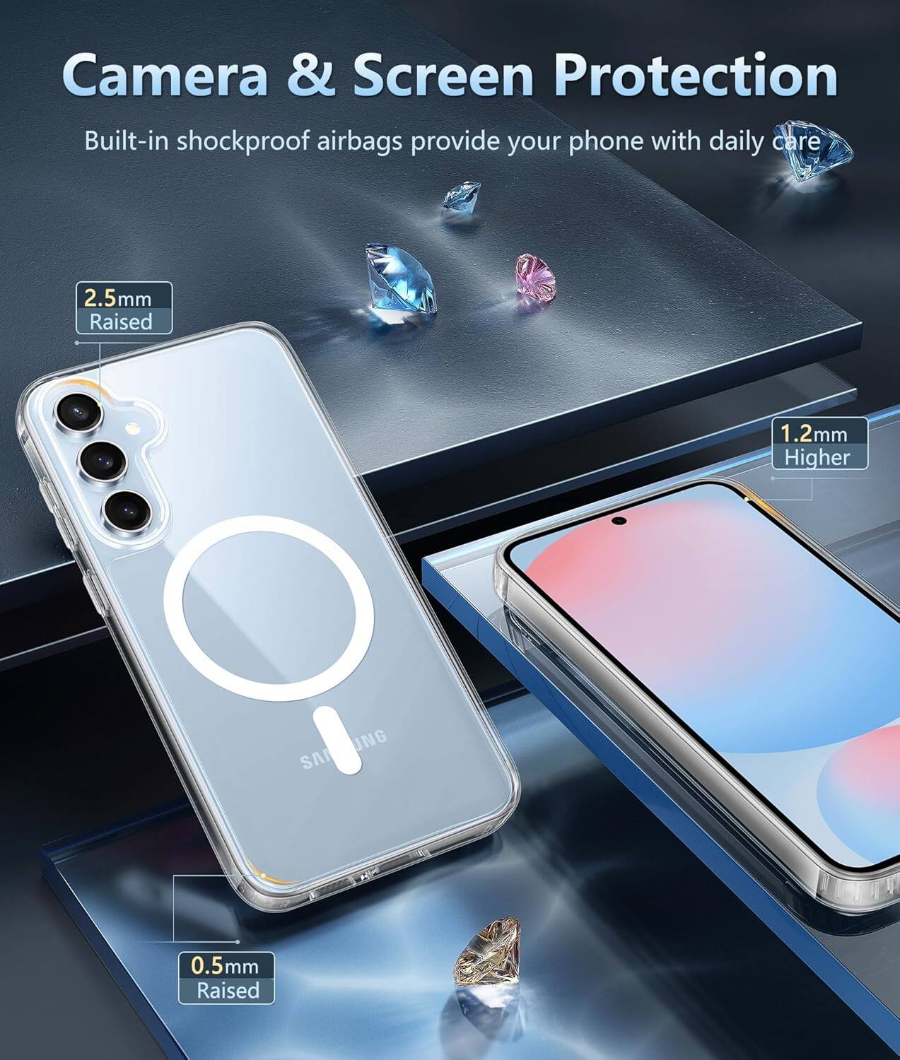 Camera & Screen Protection
Built-in shockproof airbags provide your phone with daily care
2.5mm Raised
1.2mm Higher
0.5mm Raised