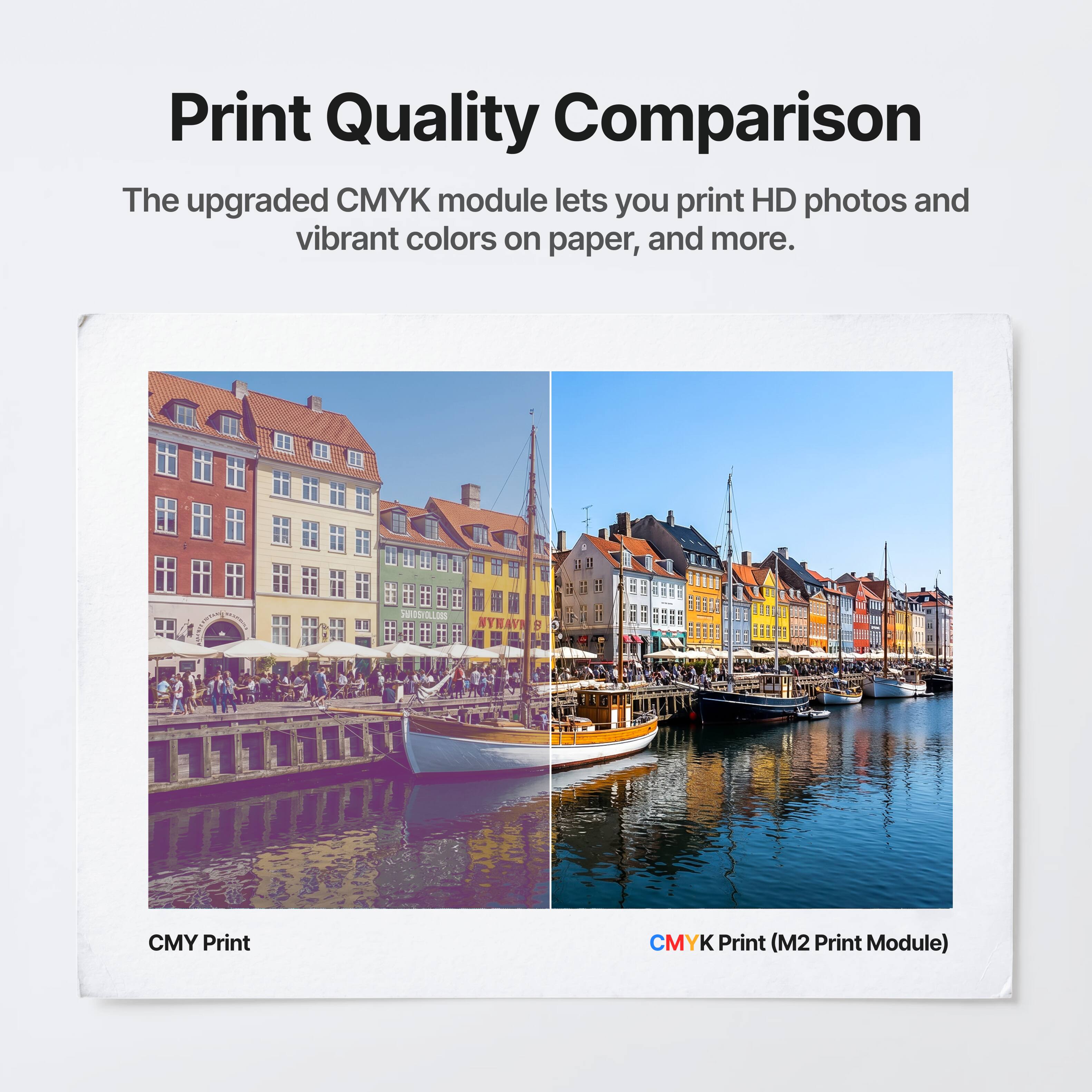 Print Quality Comparison

The upgraded CMYK module lets you print HD photos and vibrant colors on paper, and more.

CMY Print

CMYK Print (M2 Print Module)
