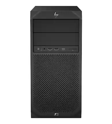 Front. HP - HP Z2 G4 T Core i5-9500 3.0GHz, 32GB, 512GB NVMe, AMD Radeon RX460 2GB, Windows 11 Pro - Black.