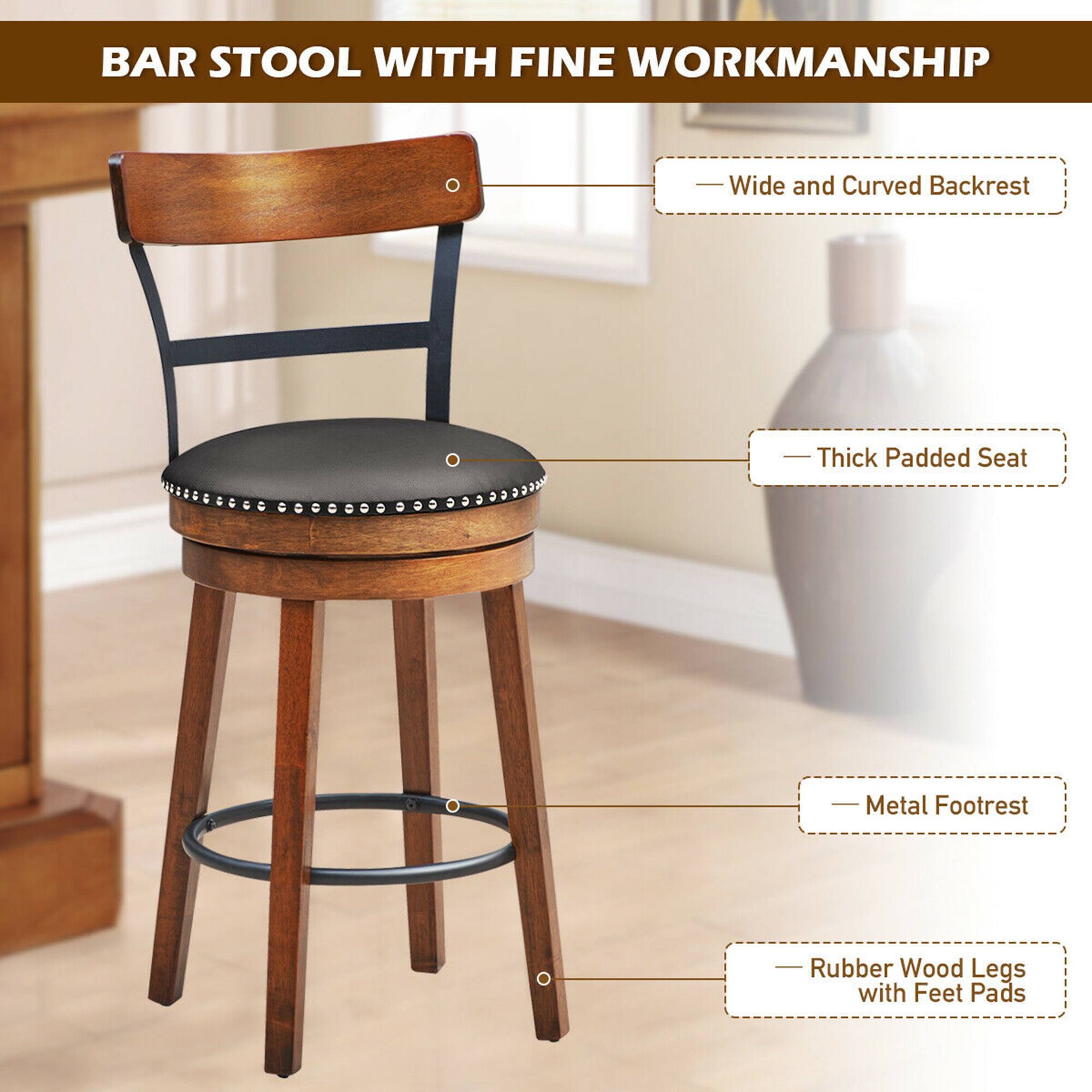 BAR STOOL WITH FINE WORKMANSHIP
Wide and Curved Backrest
Thick Padded Seat
Metal Footrest
Rubber Wood Legs with Feet Pads