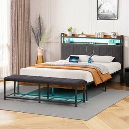 Vecelo - Modern Upholstered LED Platform Bed Frame with Headboard and Bench, Metal Slats Storage Bed Frame - Gray