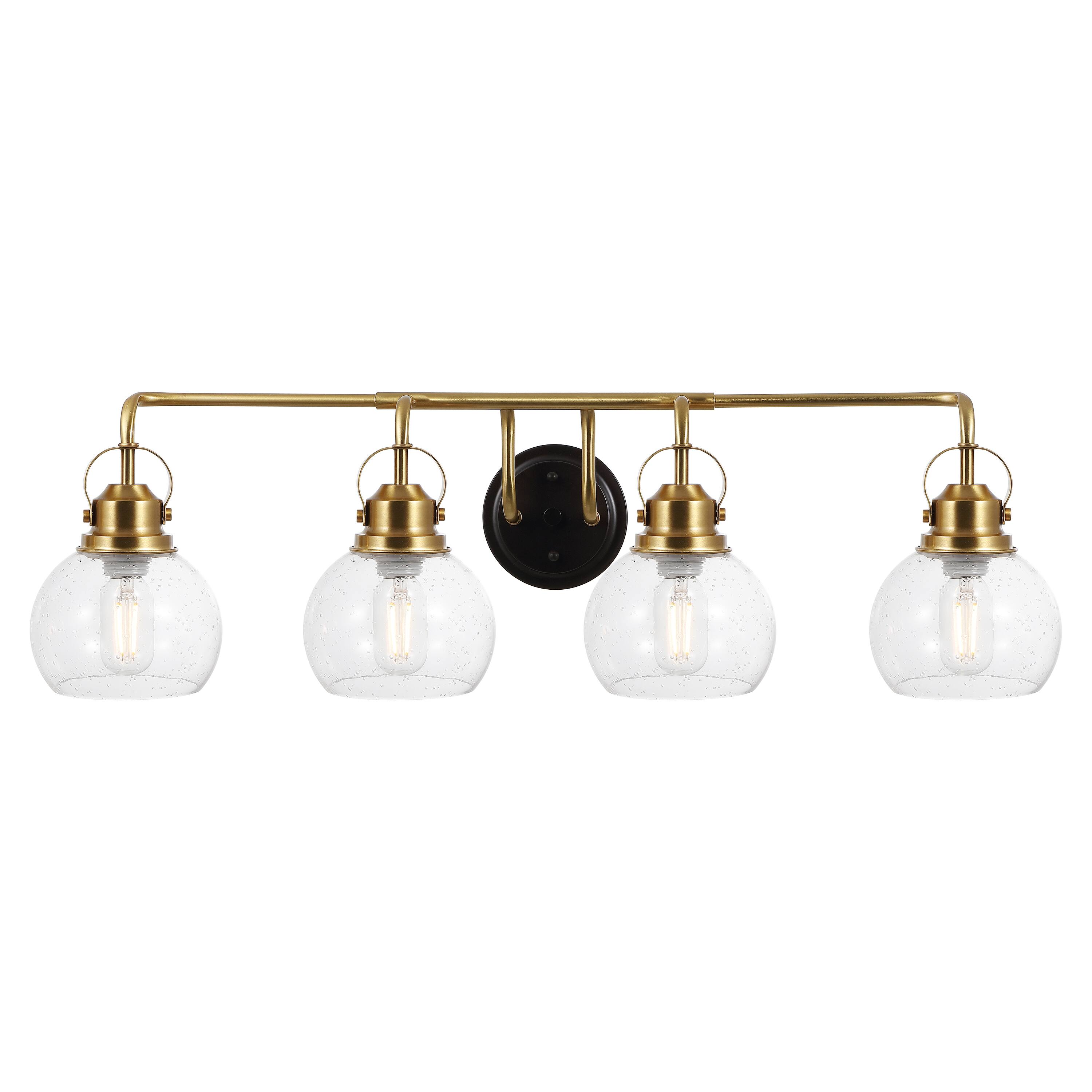 Jonathan Y - Shirley 34" 4-light Farmhouse Metal LED Vanity Light with Seeded Glass Globe Shades - Brass Gold/Oil Rubbed Bronze