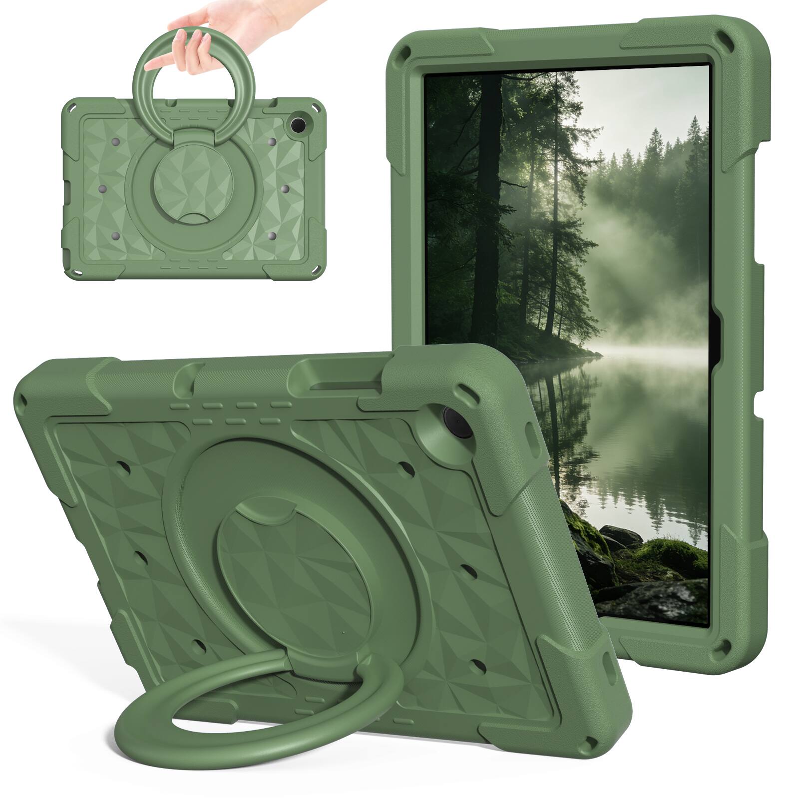 Angle. UUCOVER - Kids Case for iPad (A16) 11-inch 2025 /iPad 10th Gen 10.9" 2022 Shockproof EVA Handle Stand Cover with Shoulder Strap - Armygreen.