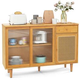 Pefilos - Modern Bamboo Buffet Sideboard Cabinet, Versatile Cabinet with Tempered Glass Sliding Doors, Cabinet for Indoor, Natural - Brown