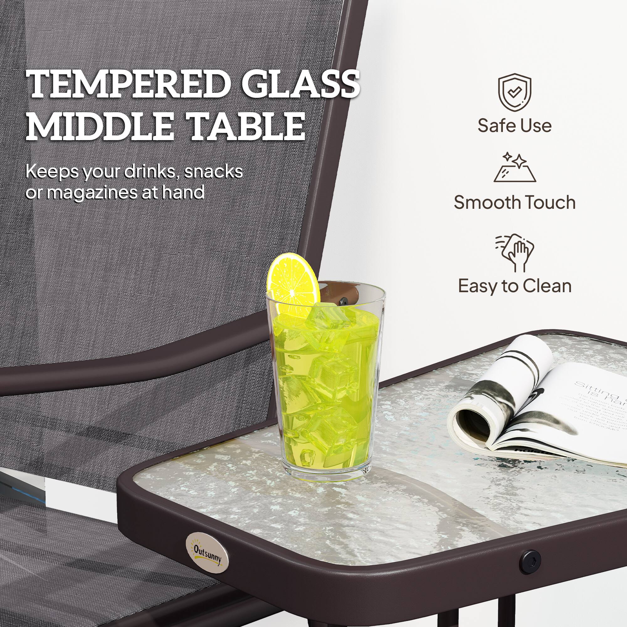 **TEMPERED GLASS MIDDLE TABLE**

Keeps your drinks, snacks or magazines at hand

- Safe Use
- Smooth Touch
- Easy to Clean

Outsunny