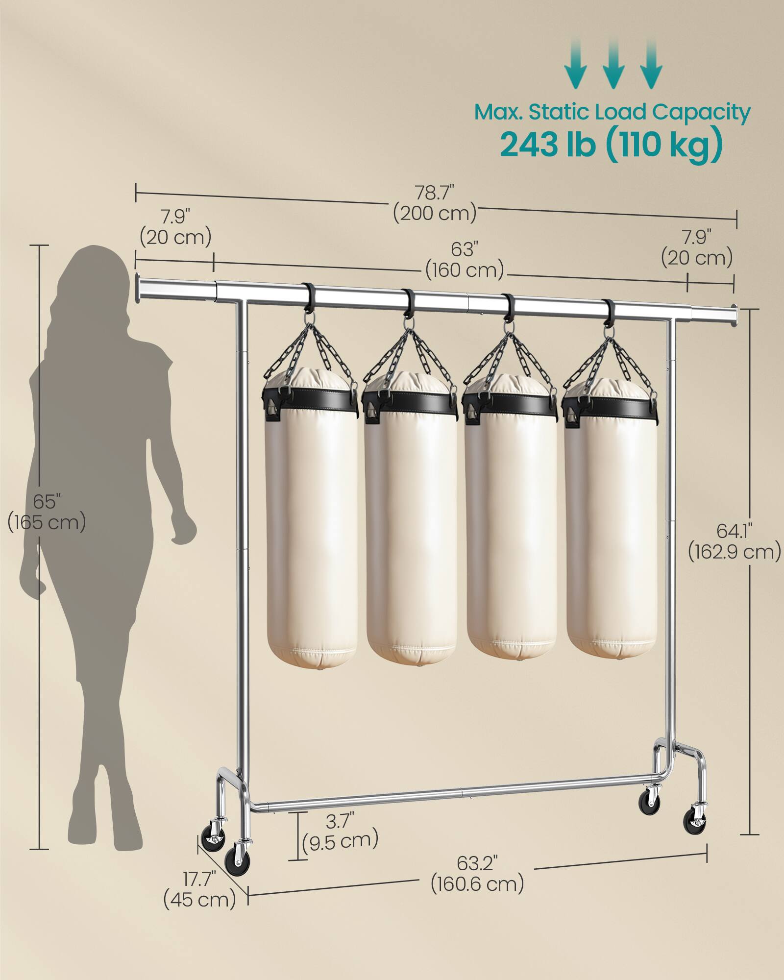 7.9" (20 cm)  
Max. Static Load Capacity 243 lb (110 kg)  
78.7" (200 cm)  
7.9"  
63" (160 cm)  
65" (165 cm)  
64.1" (162.9 cm)  
17.7" (45 cm)  
3.7" (9.5 cm)  
63.2" (160.6 cm)