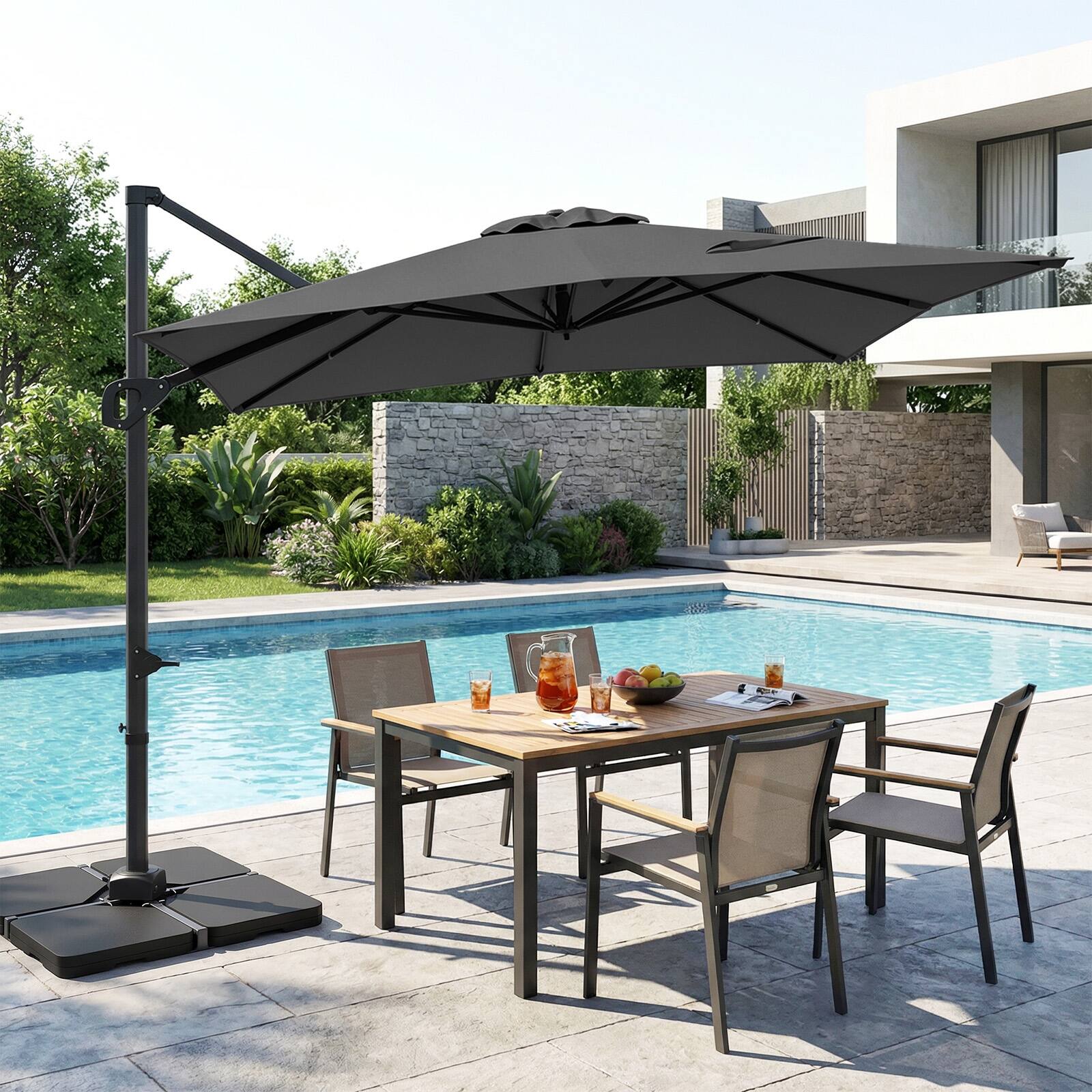 Alt View 3. Costway - Costway Cantilever Umbrella with 220 LBS Base, Offset Hanging Umbrella with 360° Rotation - Gray + Black.