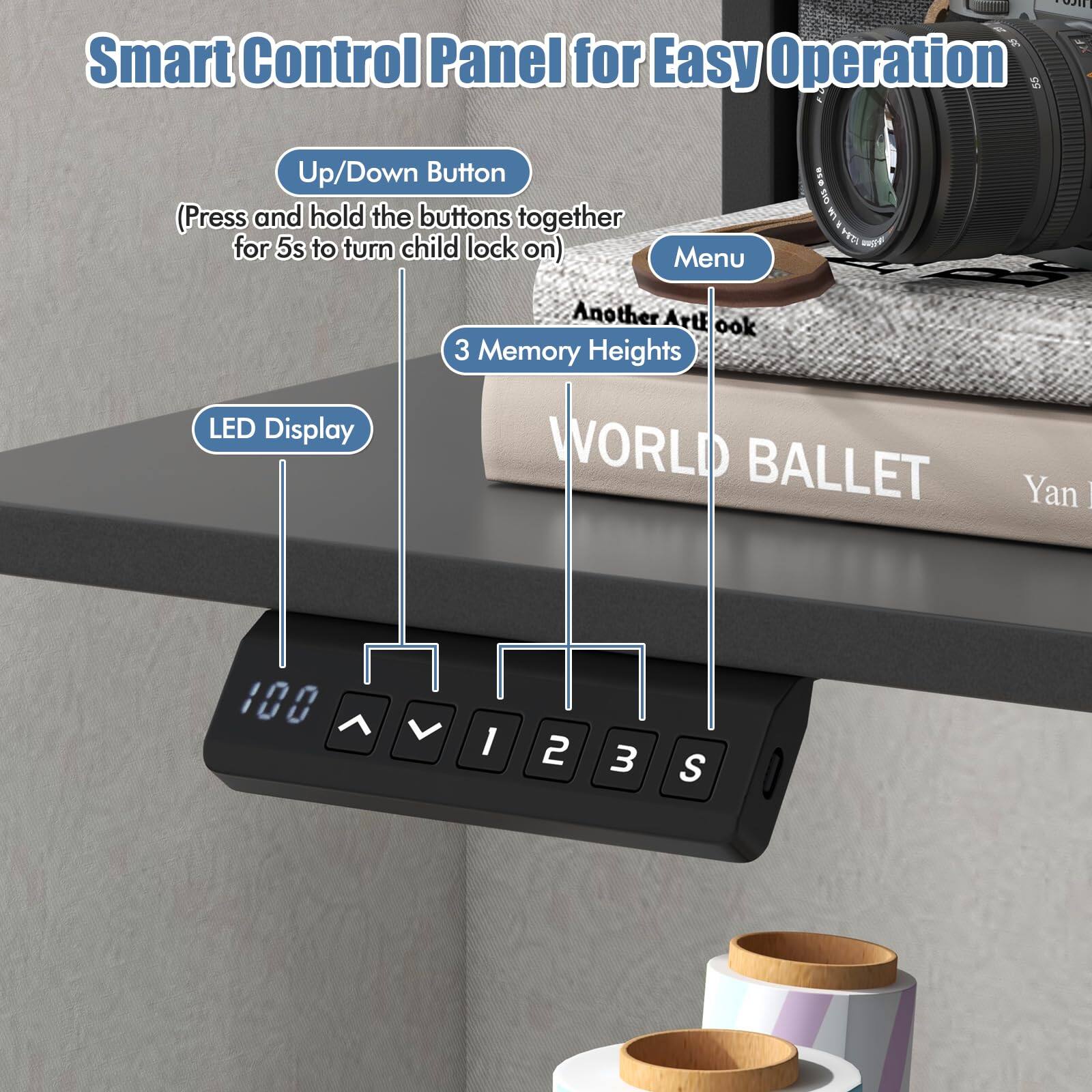 TO2I Smart Control Panel for Easy Operation

- Up/Down Button (Press and hold the buttons together for 5s to turn child lock on)
- Menu
- LED Display
- 3 Memory Heights
- Another Art Look
- WORLD BALLET Yan