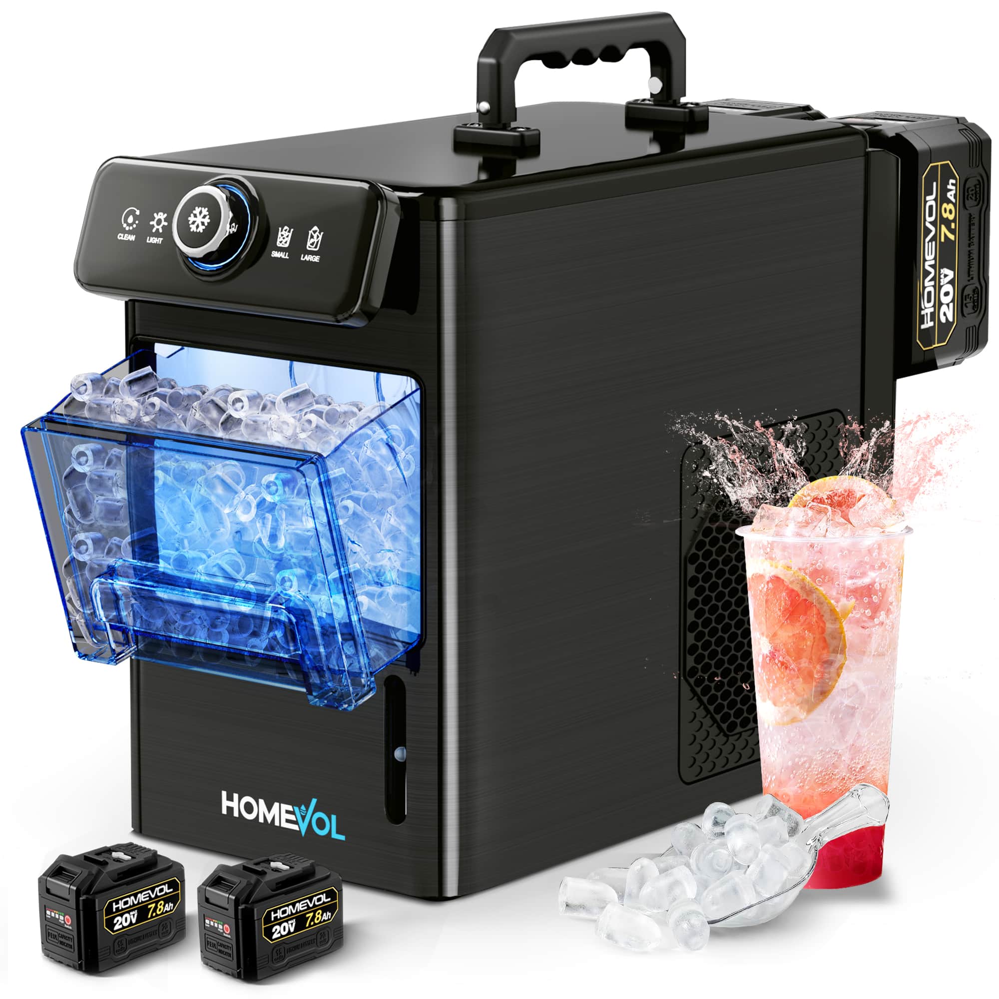 Homevol - Cordless Battery-Powered & Dual AC/DC Portable Ice Maker – 2 Batteries Included, 30 lbs Daily for Camping, RV & Indoor - Black