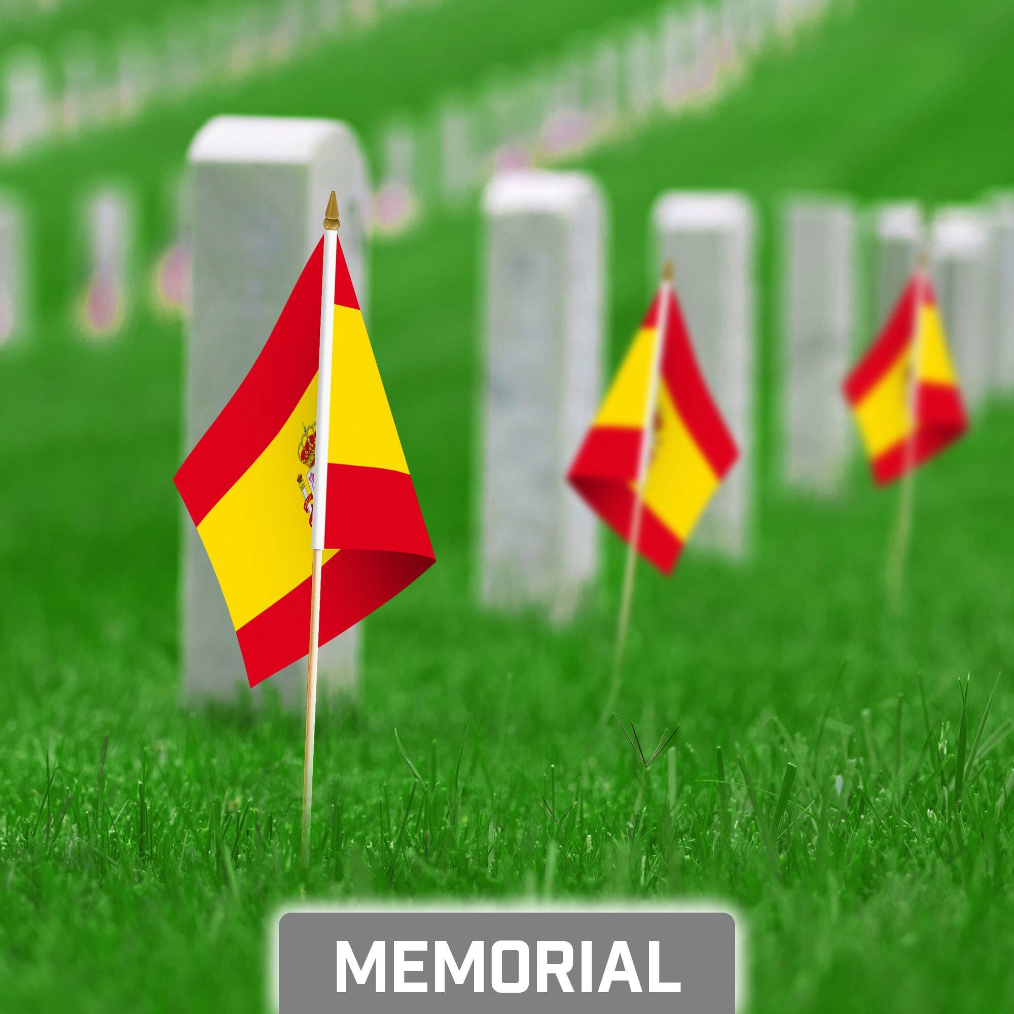 Back. G128 - 50-Pack Handheld Spain Flags 8" x 12" — 150D Polyester with Wooden Stick and Spear Tip. - Assorted Colors.