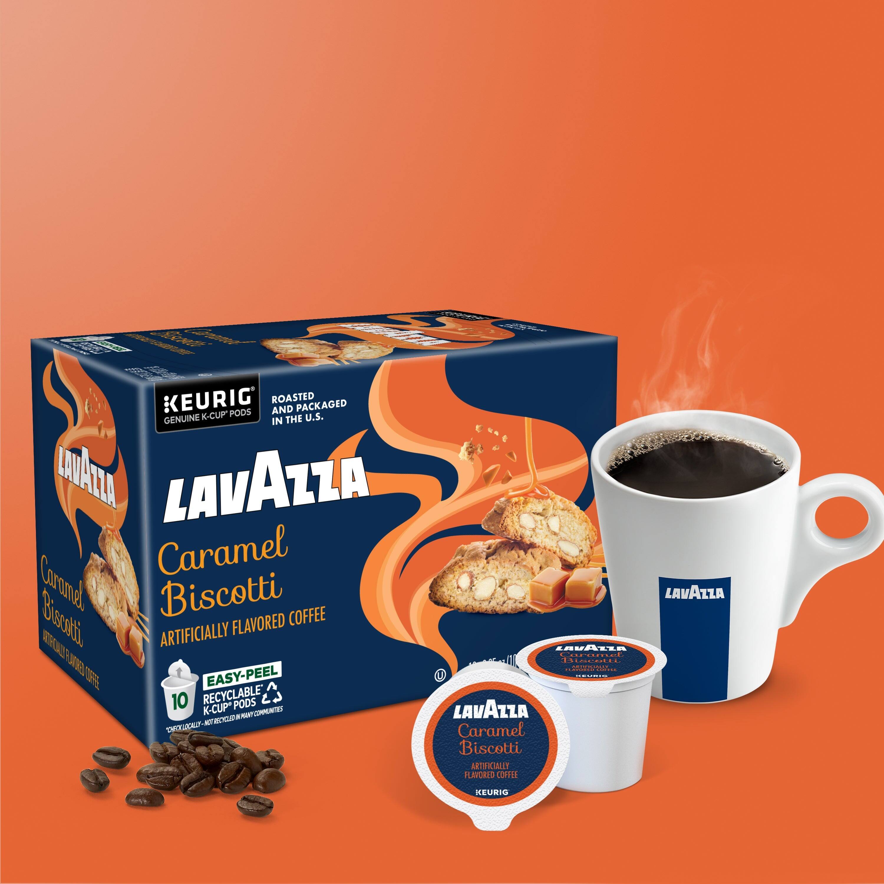 2 e   KEURIG ROASTED AND PACKAGED K-CUP PODS U.S. GENUINE IN THE U.S. LAVAZZA Caramel Biscotti LAVAZZA Bisotti FLAVORED COFFEE ARTIFICIALLY FLAVORED COFFEE EASY-PEEL RECYCLABLE PODS 10 K-CUP"