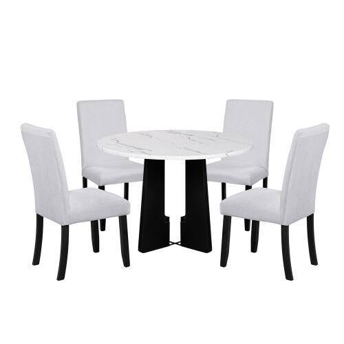 Alt View 2. LUCKY ONE - 5-Piece Modern Dining Set with 43.3" Round Dining Table and 4 Upholstered Chairs - Beige+White.