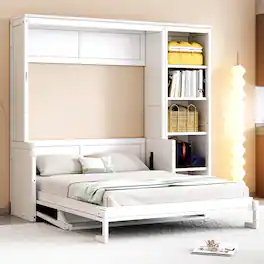 Whisen - Murphy Bed with Built-in Desk and Side Bookshelves, Foldable Space-Saving Bed Cabinet - White