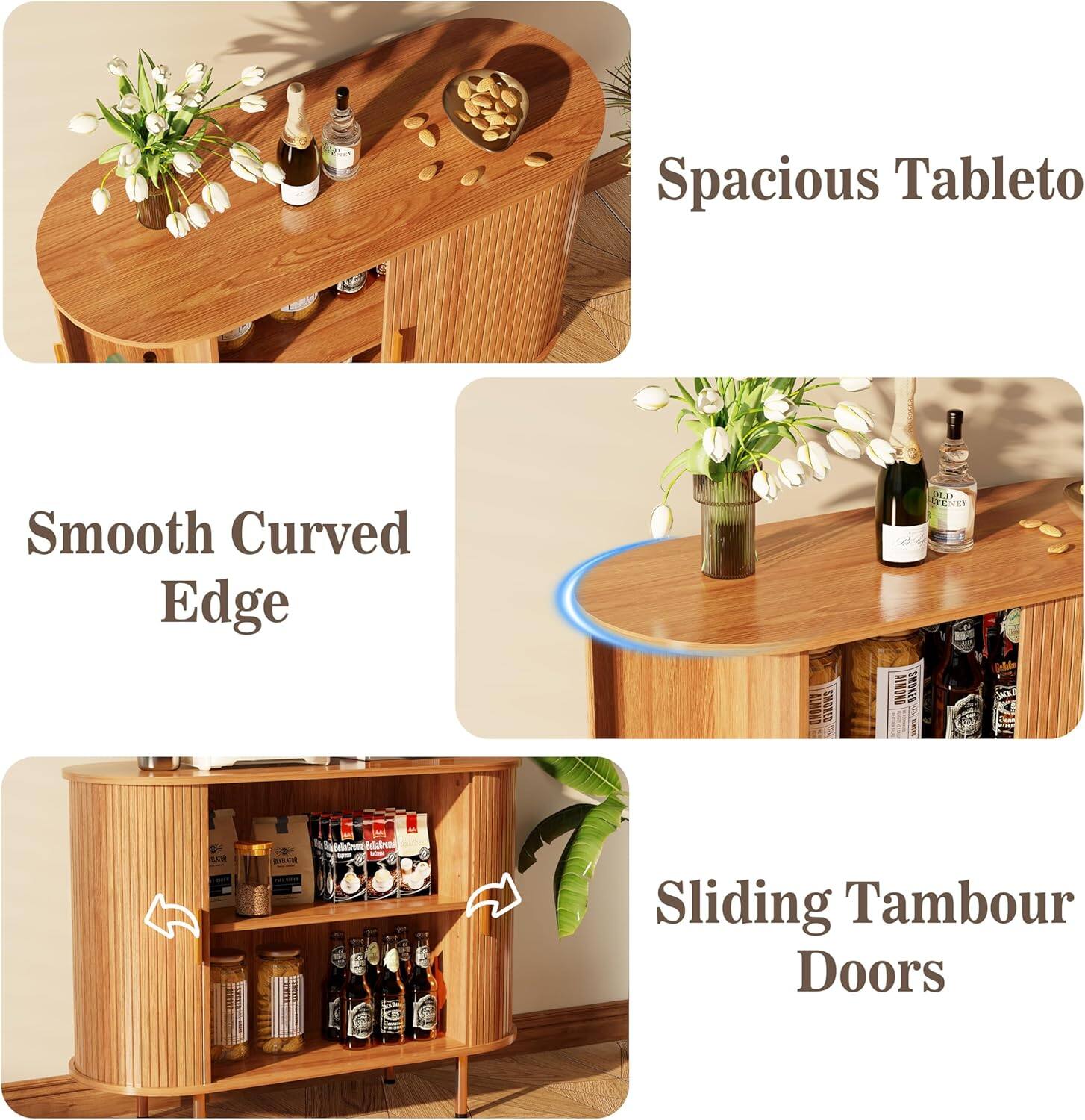 - Spacious Tabletop
- Smooth Curved Edge
- Sliding Tambour Doors