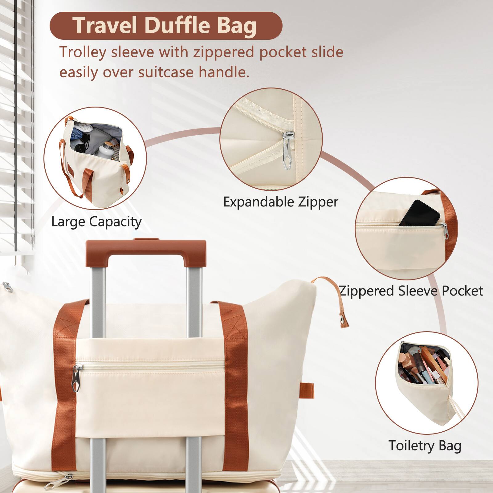 Travel Duffle Bag

Trolley sleeve with zippered pocket slide easily over suitcase handle.

- Large Capacity
- Expandable Zipper
- Zippered Sleeve Pocket
- Toiletry Bag