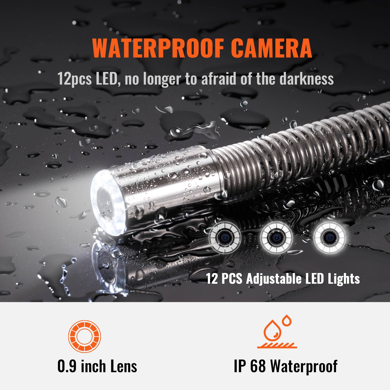 WATERPROOF CAMERA  
12pcs LED, no longer to afraid of the darkness  
12 PCS Adjustable LED Lights  
0.9 inch Lens  
IP 68 Waterproof